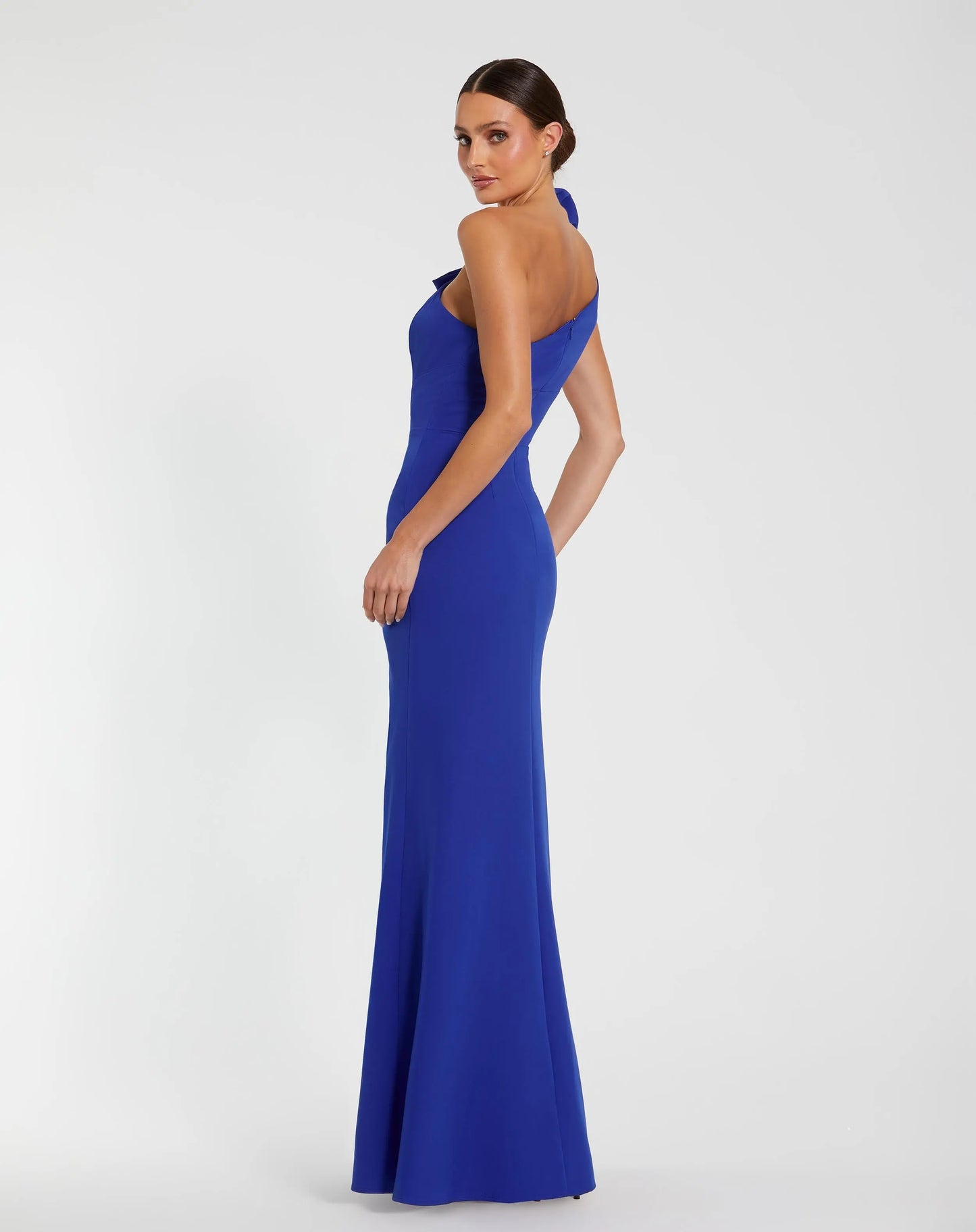 Blue Crepe One Shoulder Fitted Evening Gown With Bow - Ieena for Mac Duggal