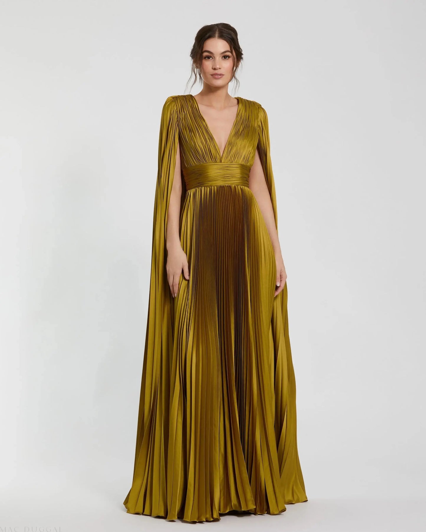 Green Pleated Charmeuse V Neck Gown With Cape - Mac Duggal
