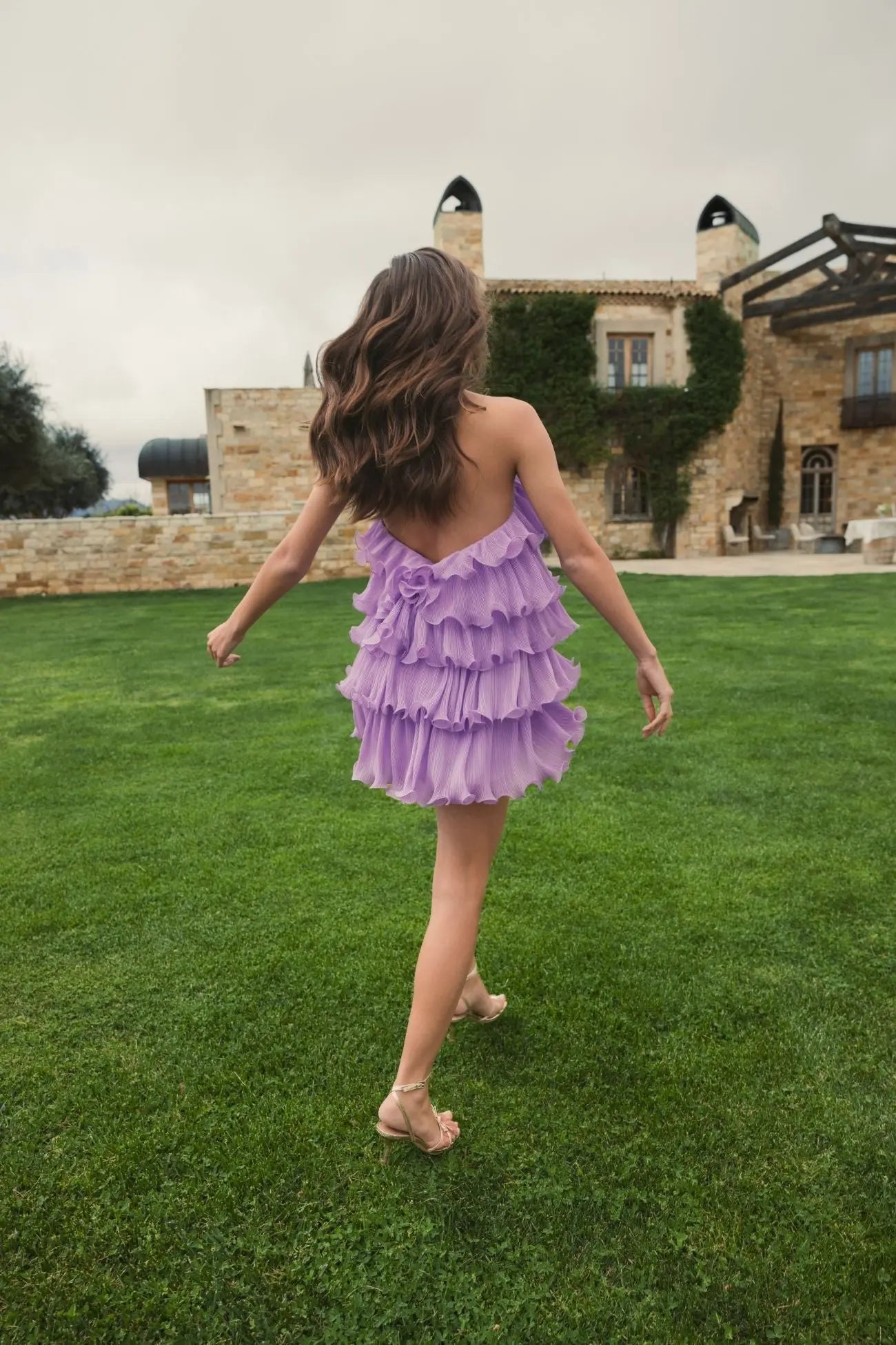 Purple Crinkle Chiffon Tiered Ruffle Mini Dress Ieena for Mac Duggal