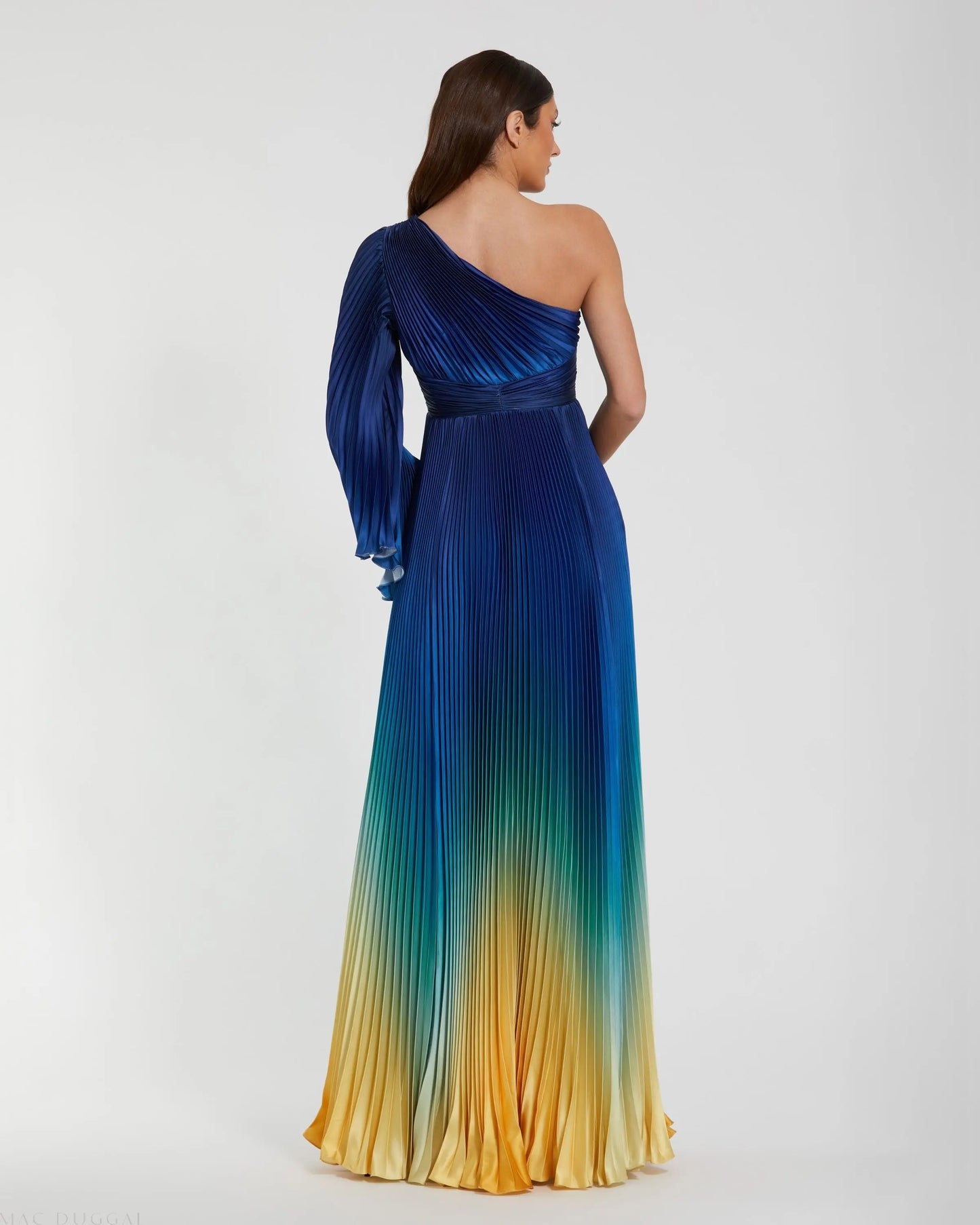 Blue Ombre Pleated Charmeuse One-Shoulder Gown - Ieena for Mac Duggal