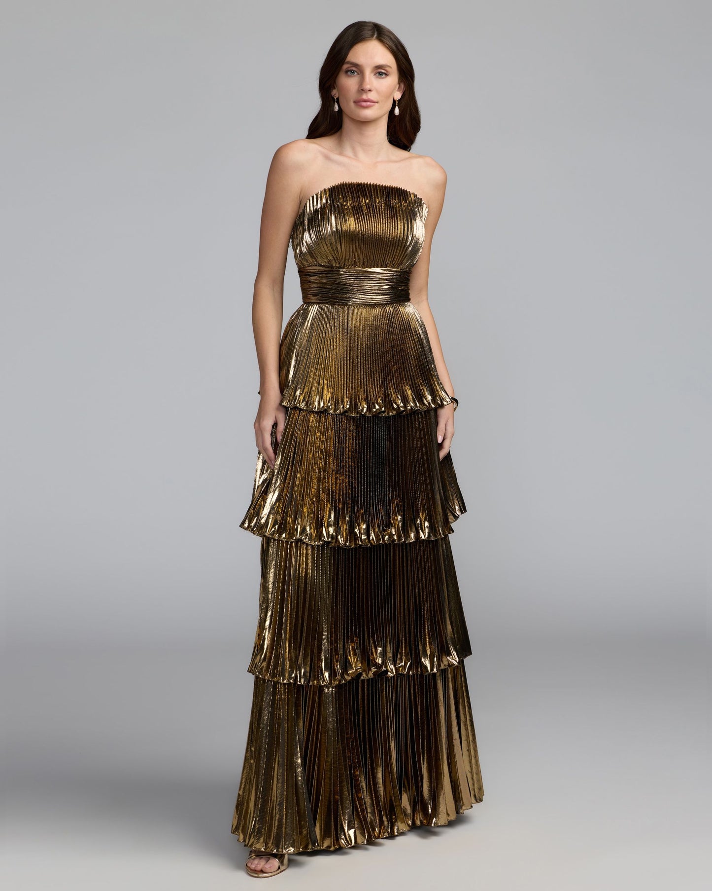 Deep Gold Strapless Pleated Metallic Layered Ruffle Gown Ieena for Mac Duggal