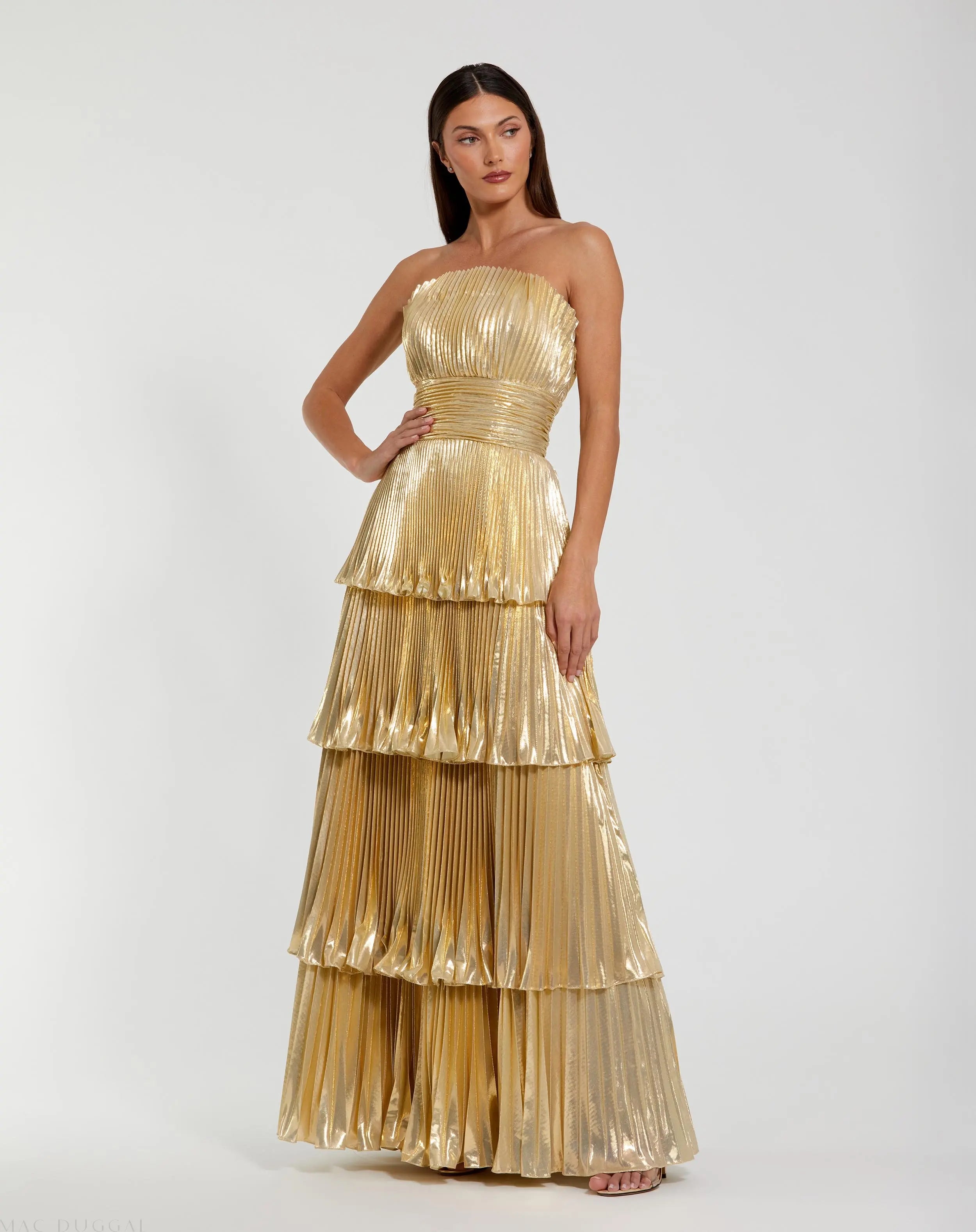 Gold Strapless Pleated Metallic Layered Ruffle Gown Gold Strapless Pleated Metallic Layered Ruffle Gown
