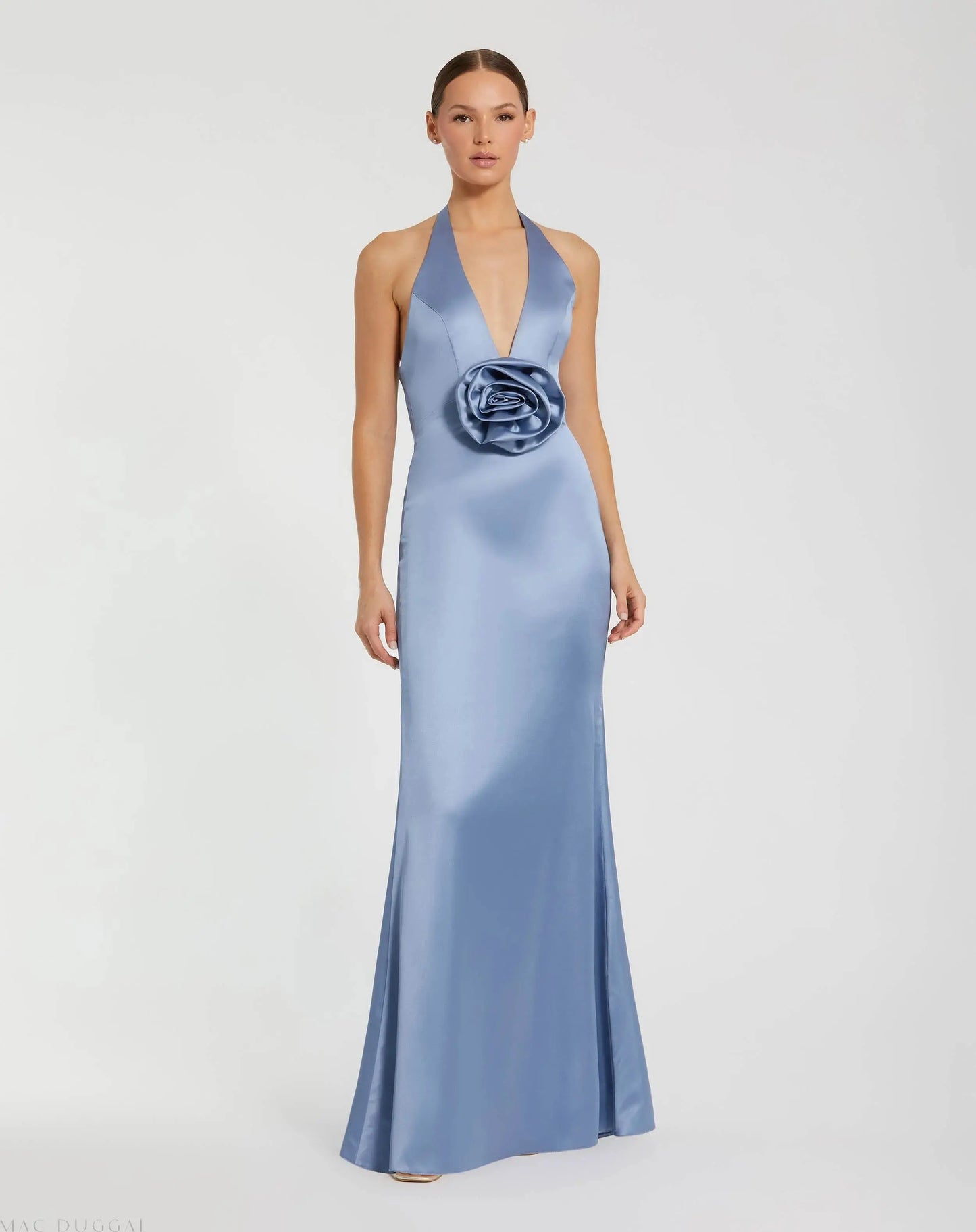 Blue Satin Halter Slip Dress with Rosette Detail - Ieena for Mac Duggal