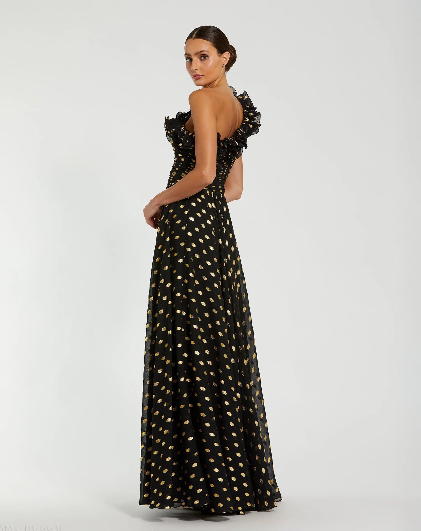 Black One Shoulder Ruffle Chiffon Gown With Slit - Mac Duggal
