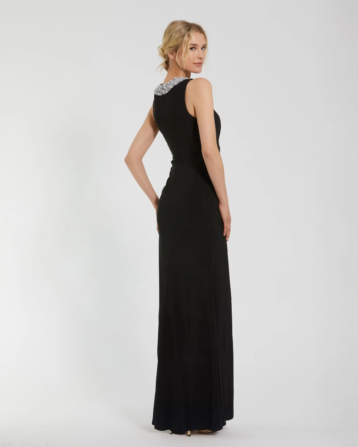 Black Jersey Sleeveless Beaded Neck Gown With Twist Ieena for Mac Duggal