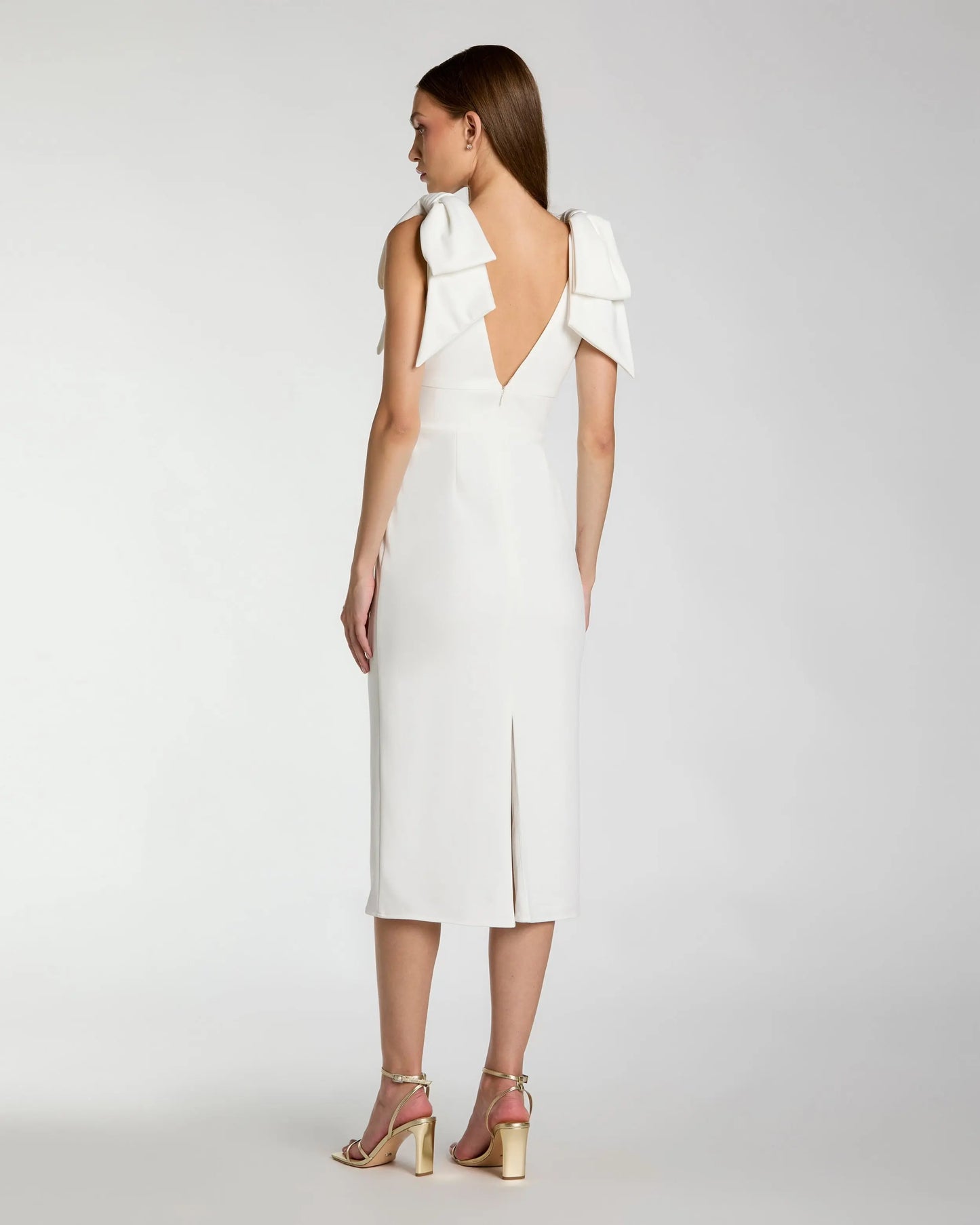 White Sleeveless Crepe Midi Dress with Bow Straps Ieena for Mac Duggal