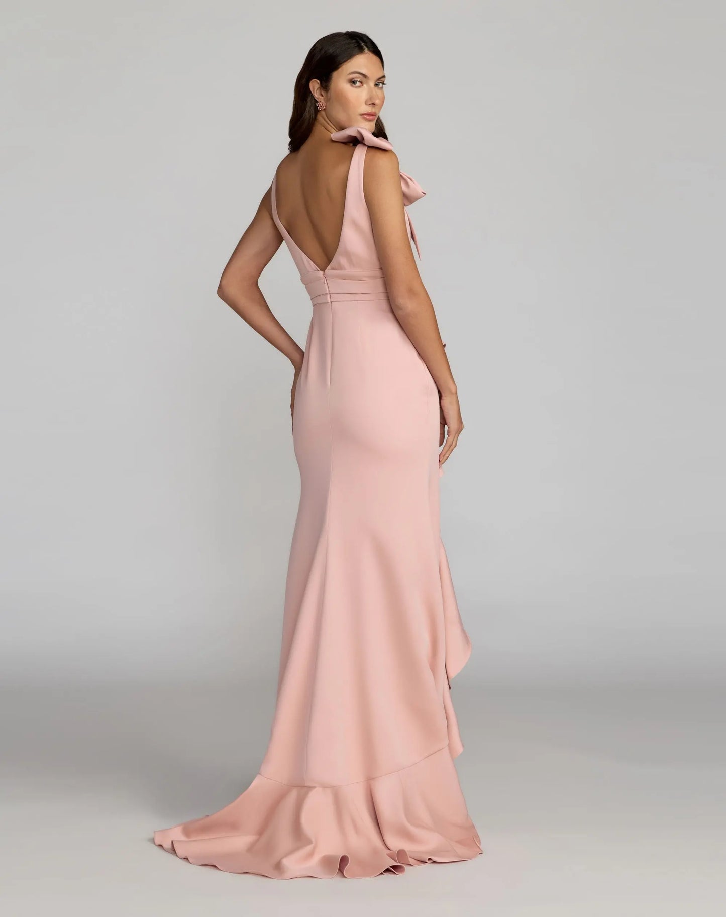 Pink Sleeveless Ruffled V-Neck Gown With Bow - Ieena for Mac Duggal