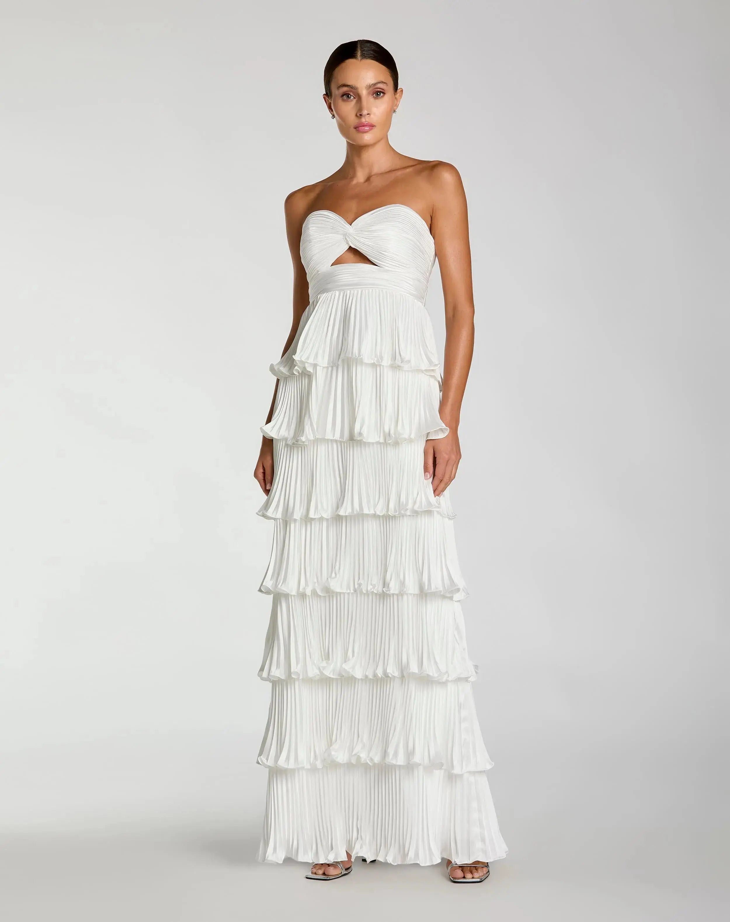 strapless white ruffle dress White Pleated Charmeuse Strapless Tiered Ruffle Gown
