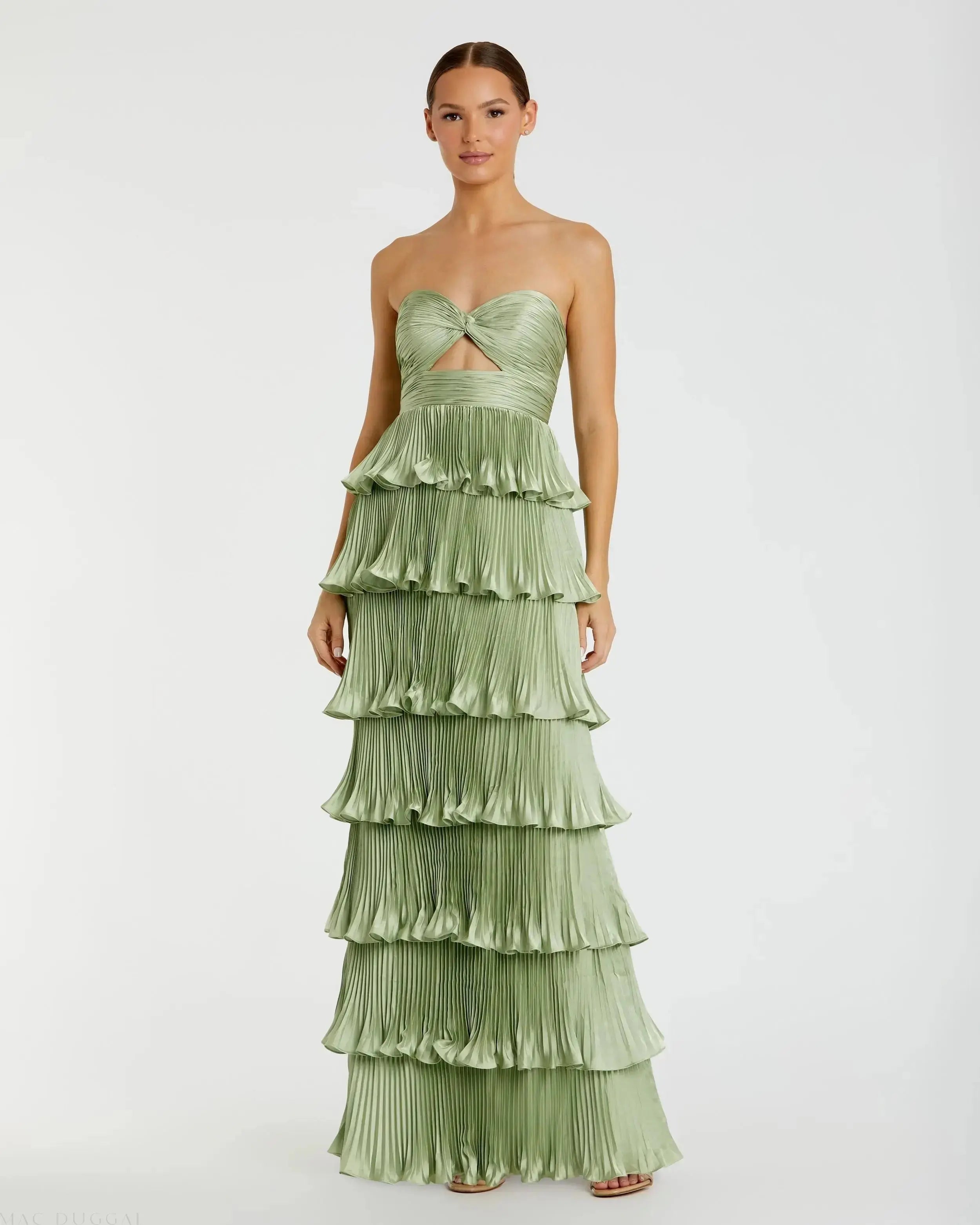 Green Pleated Charmeuse Strapless Tiered Ruffle Gown - Mac Duggal US 2 Green Pleated Charmeuse Strapless Tiered Ruffle Gown - Mac Duggal US 2