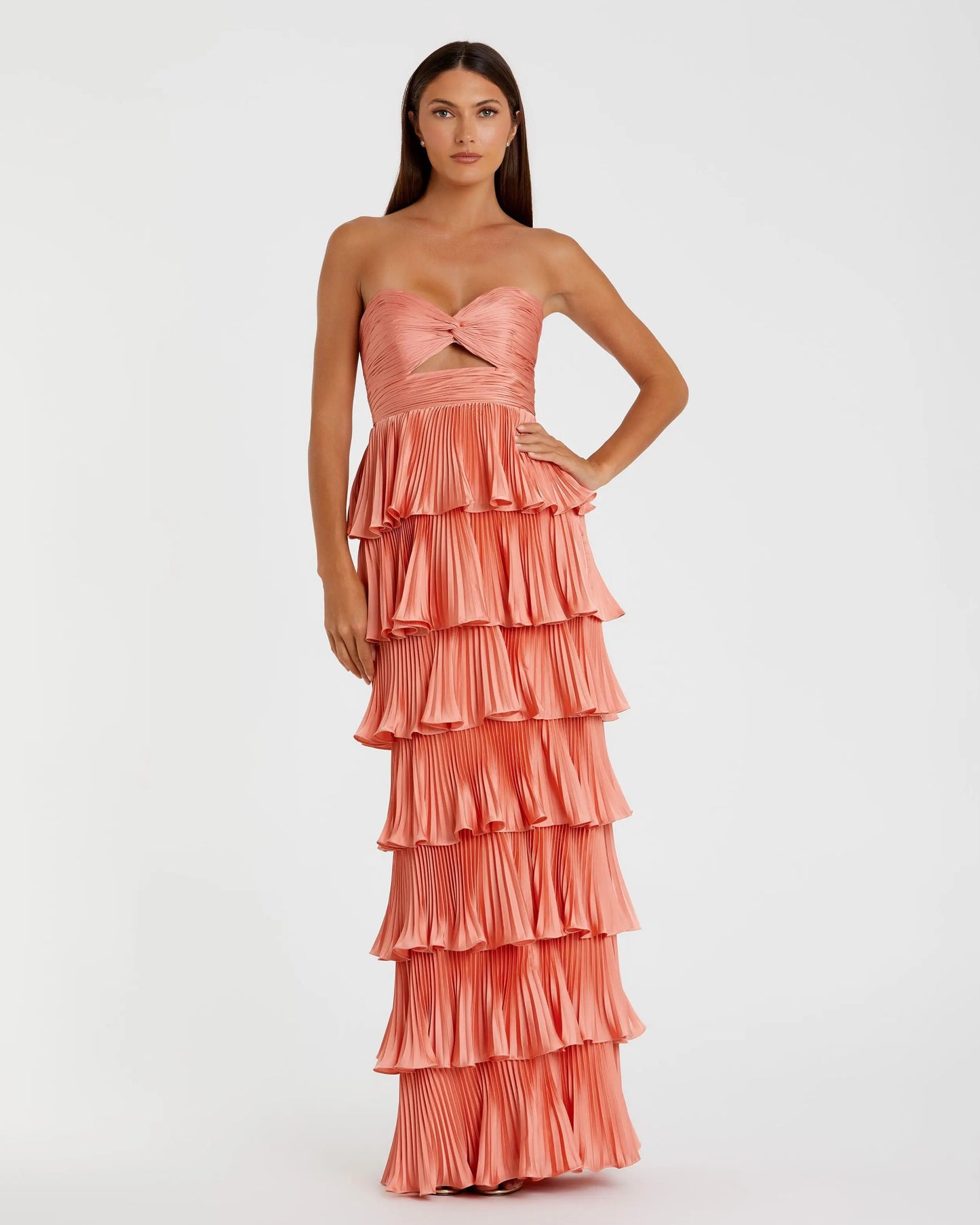 Pleated Charmeuse Strapless Tiered Ruffle Gown Mac Duggal