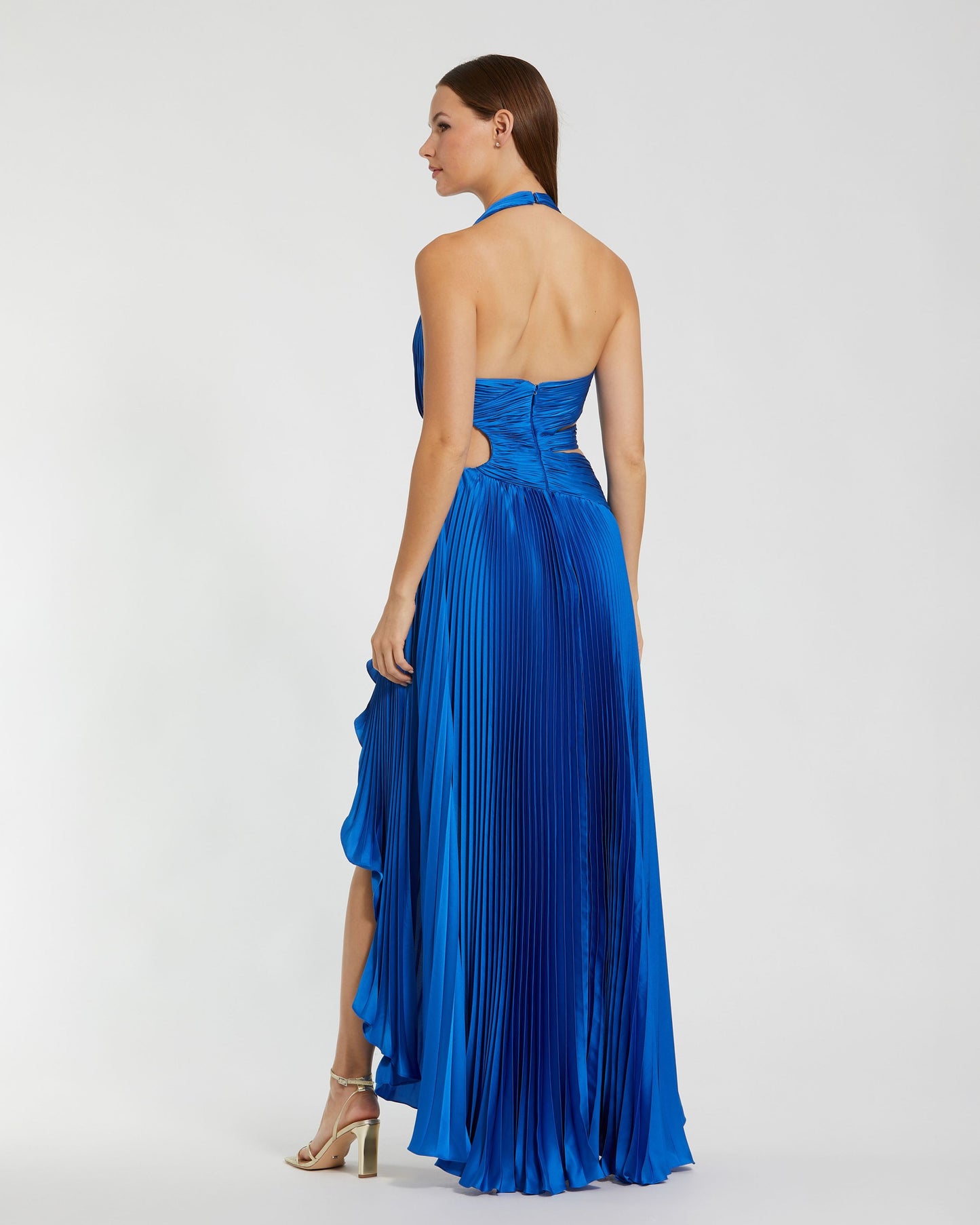Blue Halter Neck Pleated Charmeuse Cut Out Gown Mac Duggal