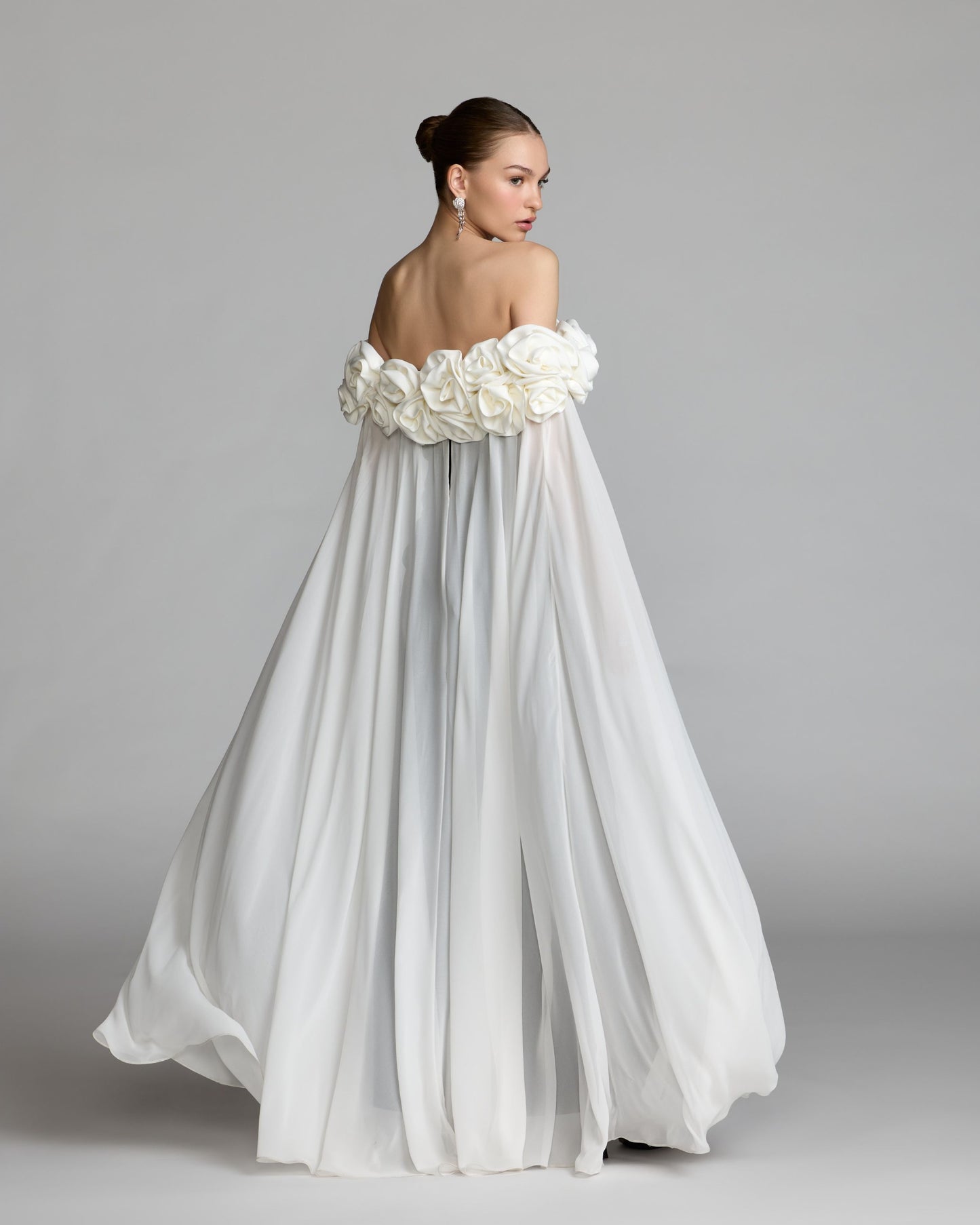 Black Off The Shoulder Crepe Gown With Chiffon Cape - Ieena for Mac Duggal