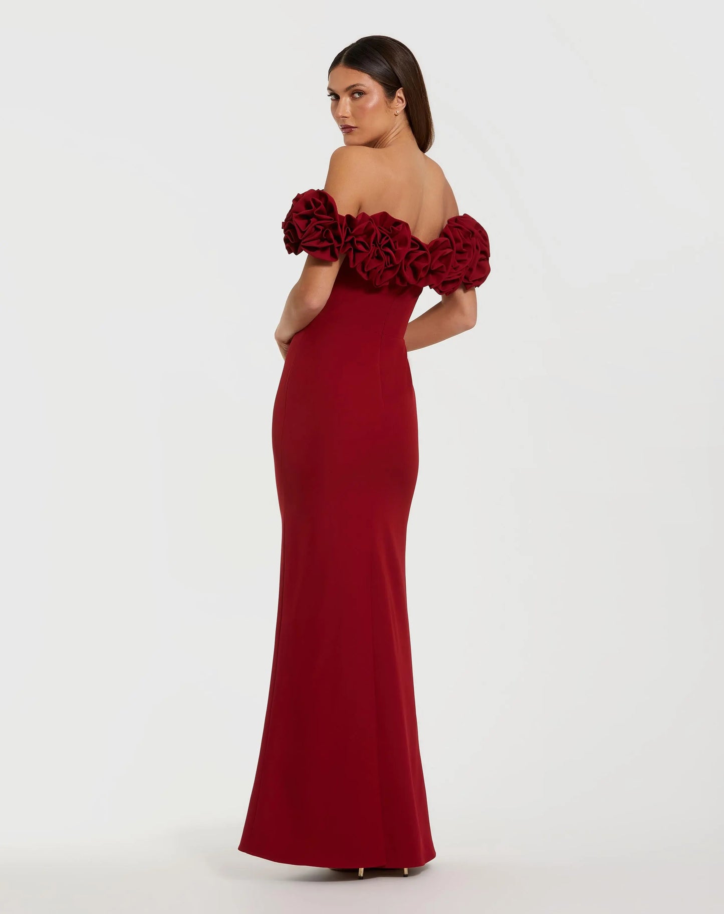 Red Crepe Off The Shoulder Column Gown With 3D Roses - Mac Duggal