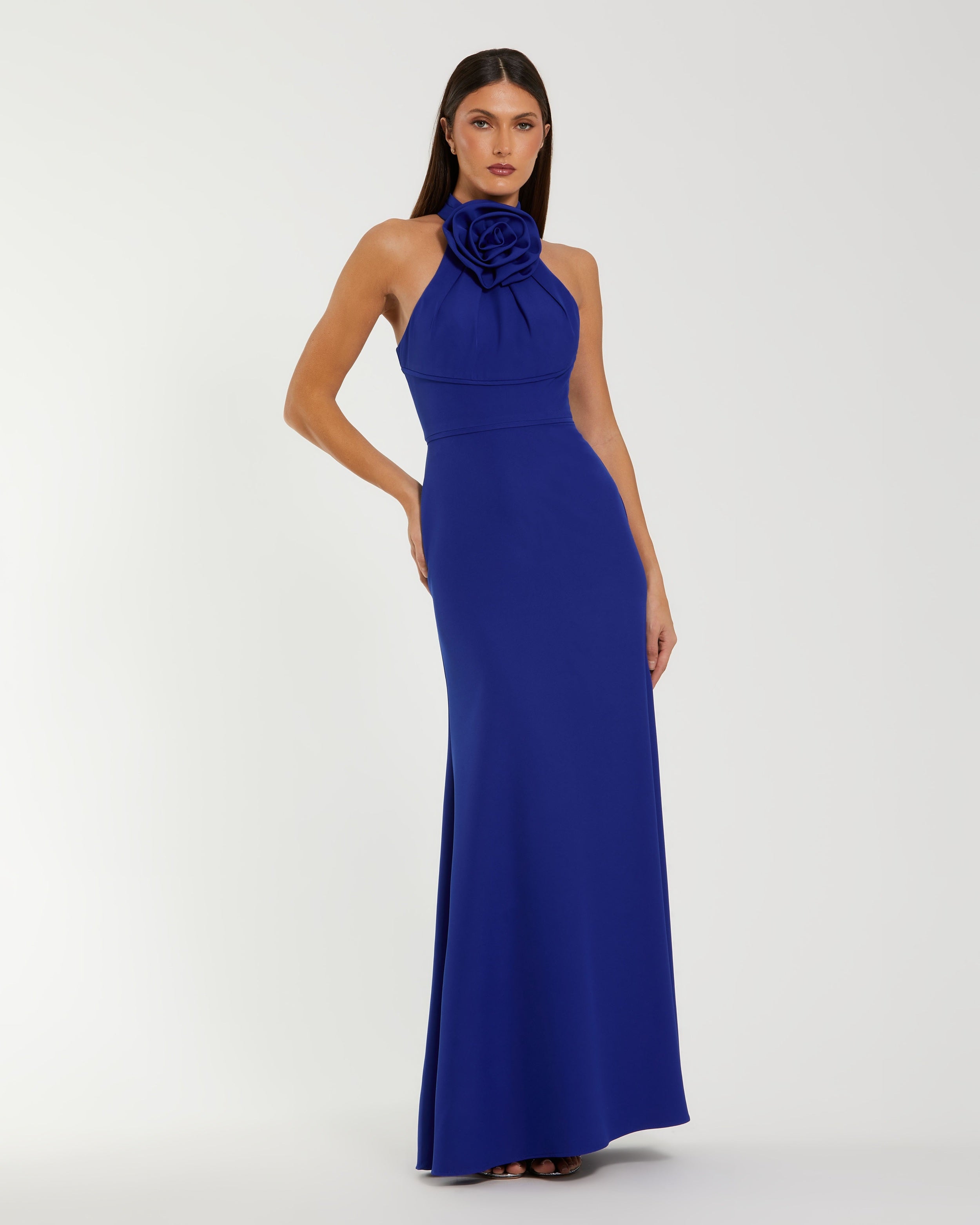 high neck halter formal dress Ruched Halter-Neck Column Gown with Dropped Waist main image 0