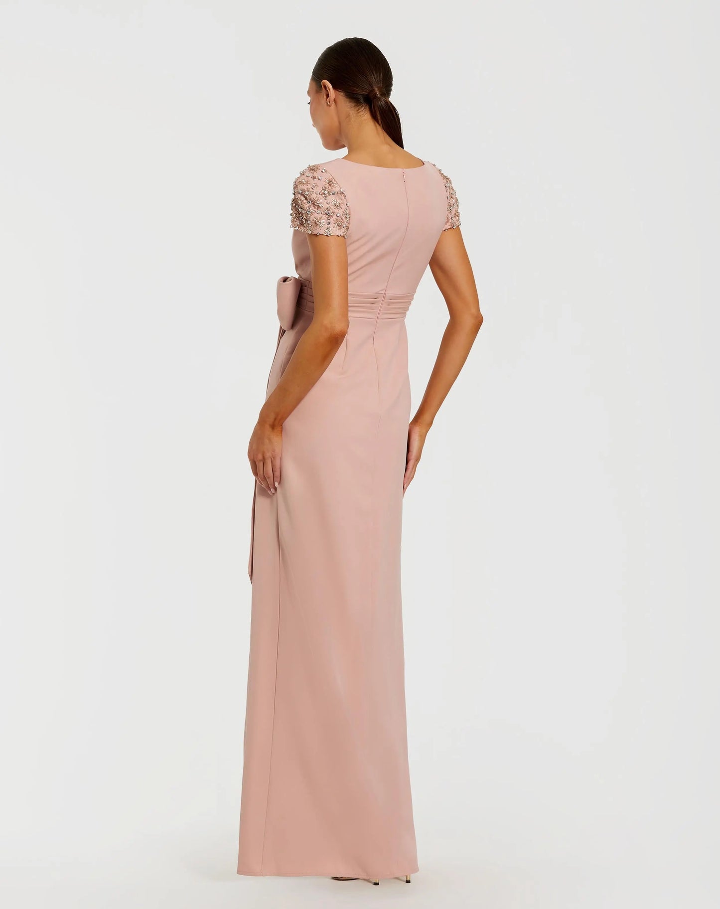 Pink Beaded Cap Sleeve Crepe Gown With Bow and Slit - Mac Duggal
