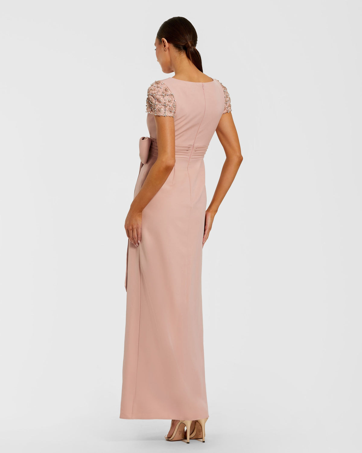 Pink Beaded Cap Sleeve Crepe Gown With Bow and Slit - Mac Duggal