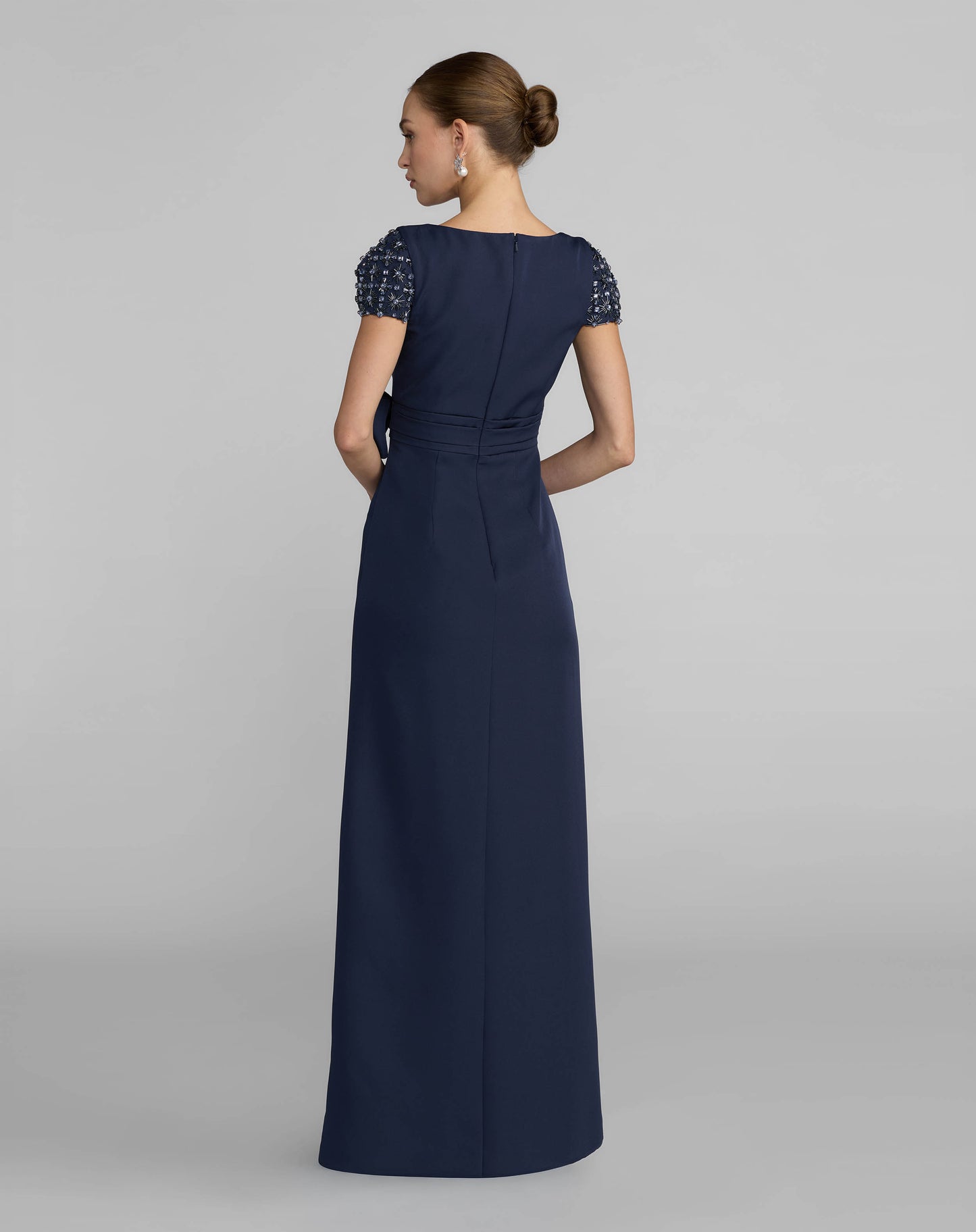 Navy Beaded Cap Sleeve Crepe Gown With Bow and Slit - Ieena for Mac Duggal