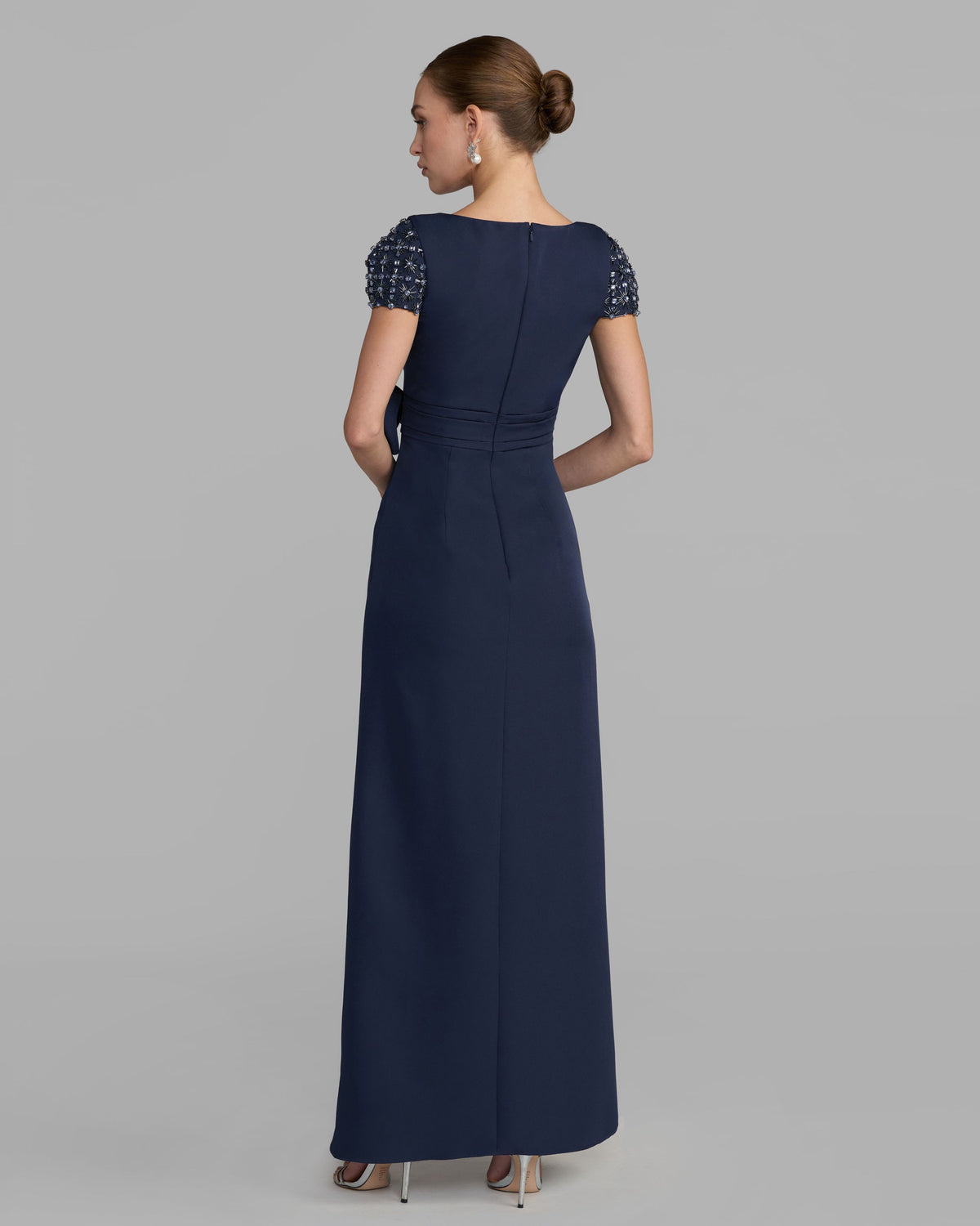 Navy Beaded Cap Sleeve Crepe Gown With Bow and Slit - Ieena for Mac Duggal