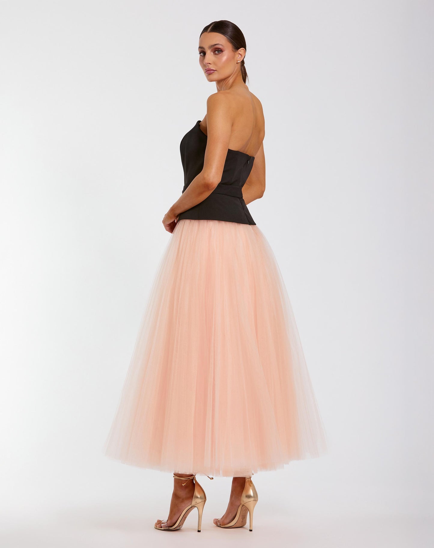 Black and Pink Strapless Midi Dress With Tulle Skirt - Ieena for Mac Duggal