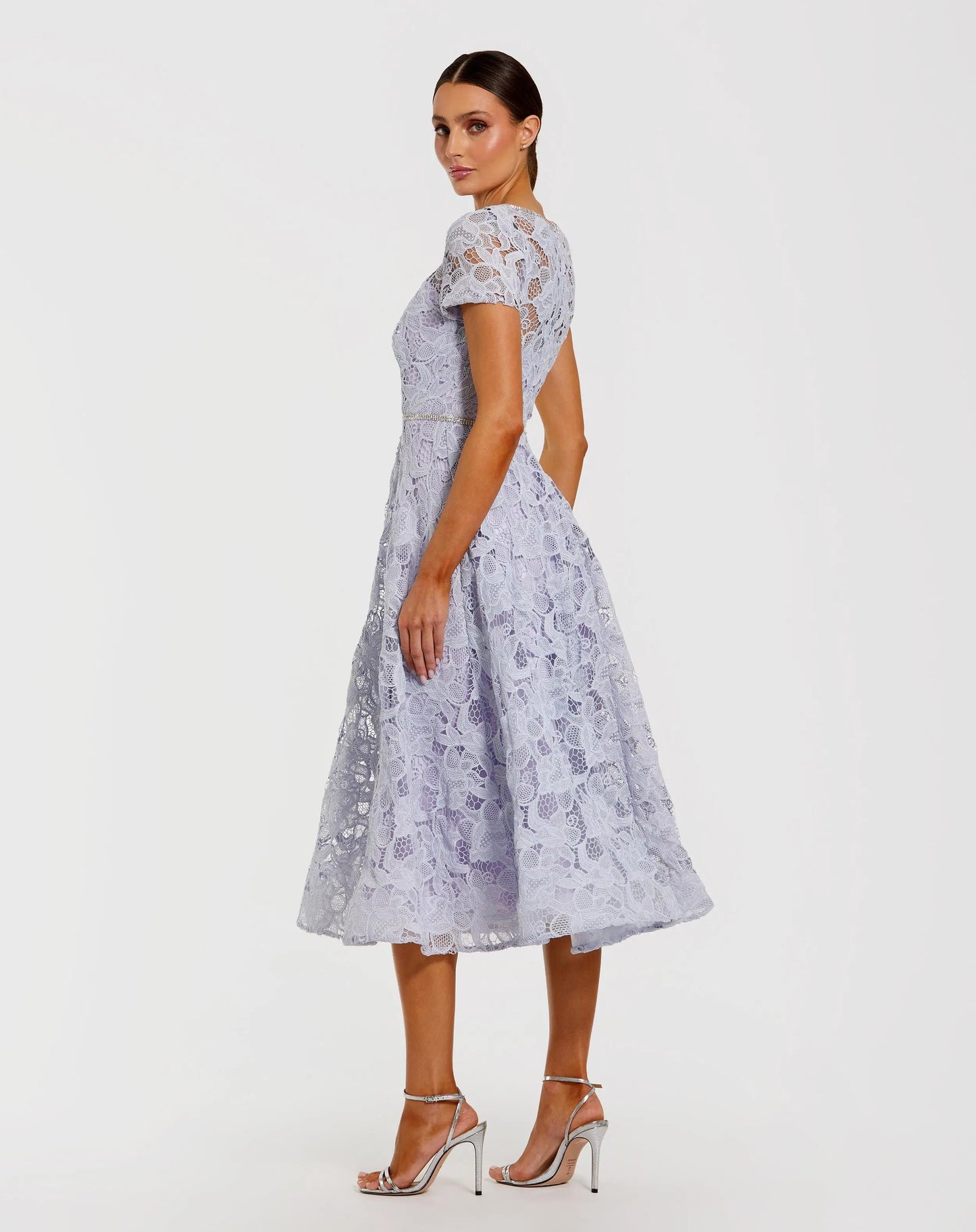 Purple Embellished Lace Short Sleeve Midi Dress Ieena for Mac Duggal