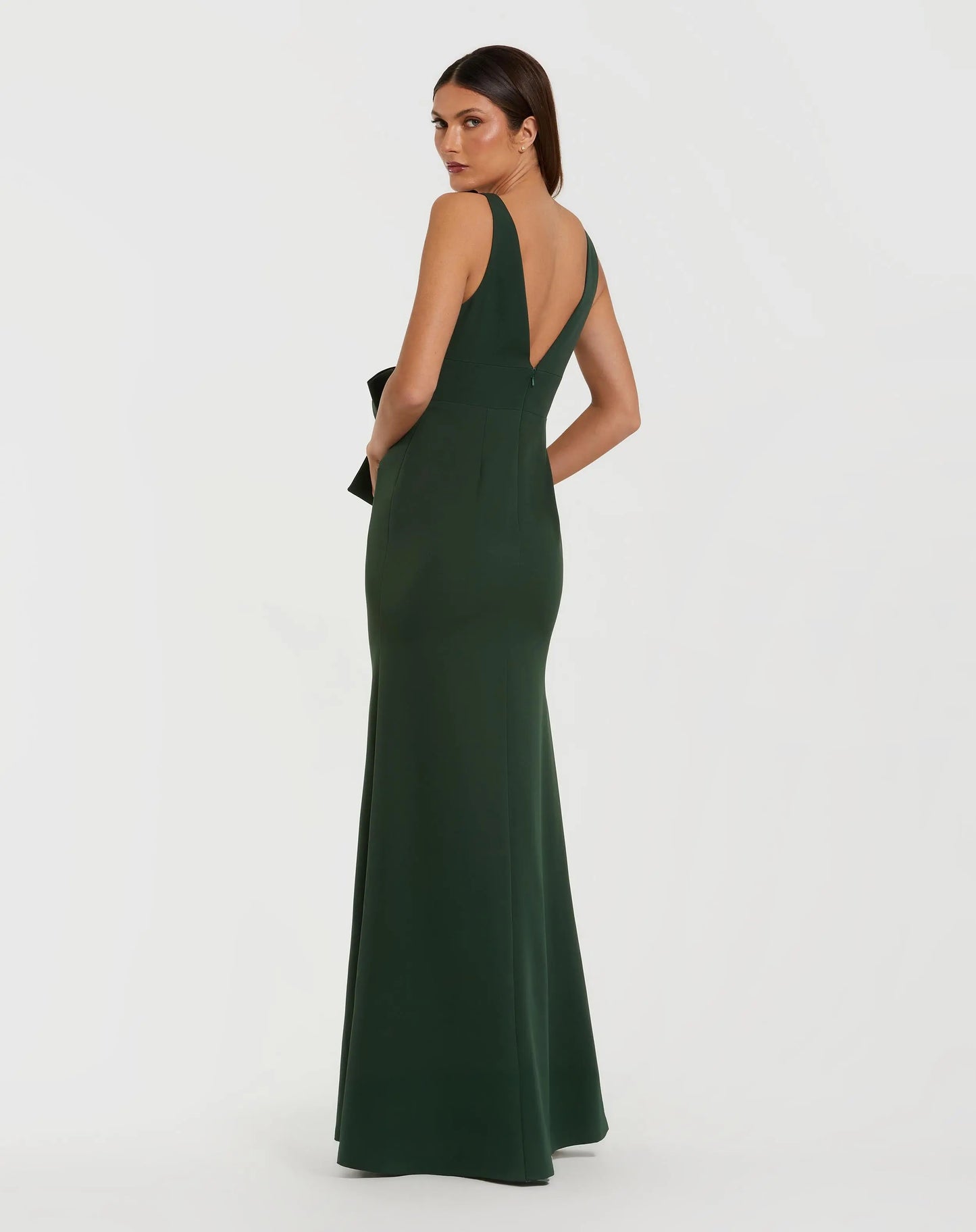 Green Crepe Sleeveless V-Neck Gown with Bow - Ieena for Mac Duggal