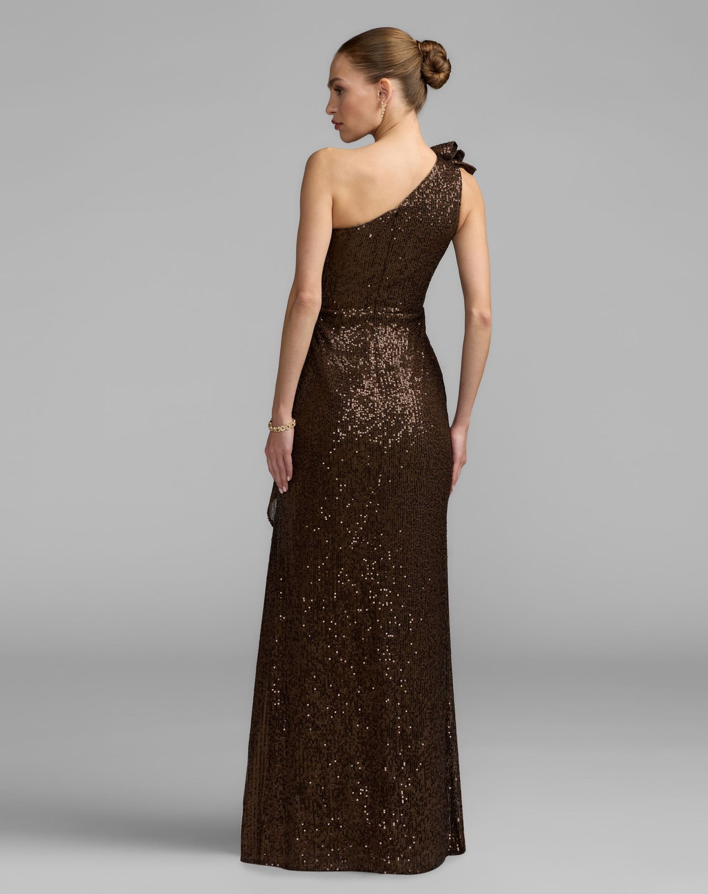 Brown One Shoulder Sequin Gown With Ruffle Detail - Ieena for Mac Duggal