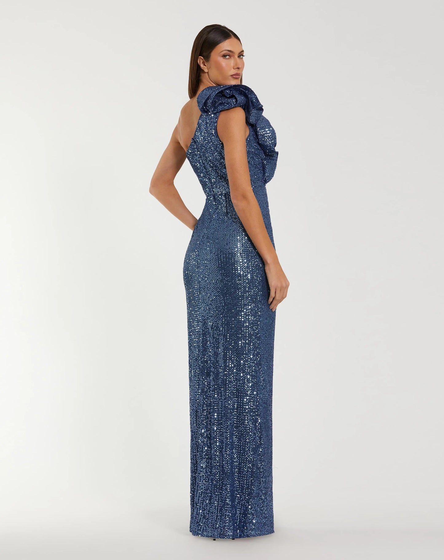 Blue One Shoulder Sequin Column Dress With Ruffle - Ieena for Mac Duggal