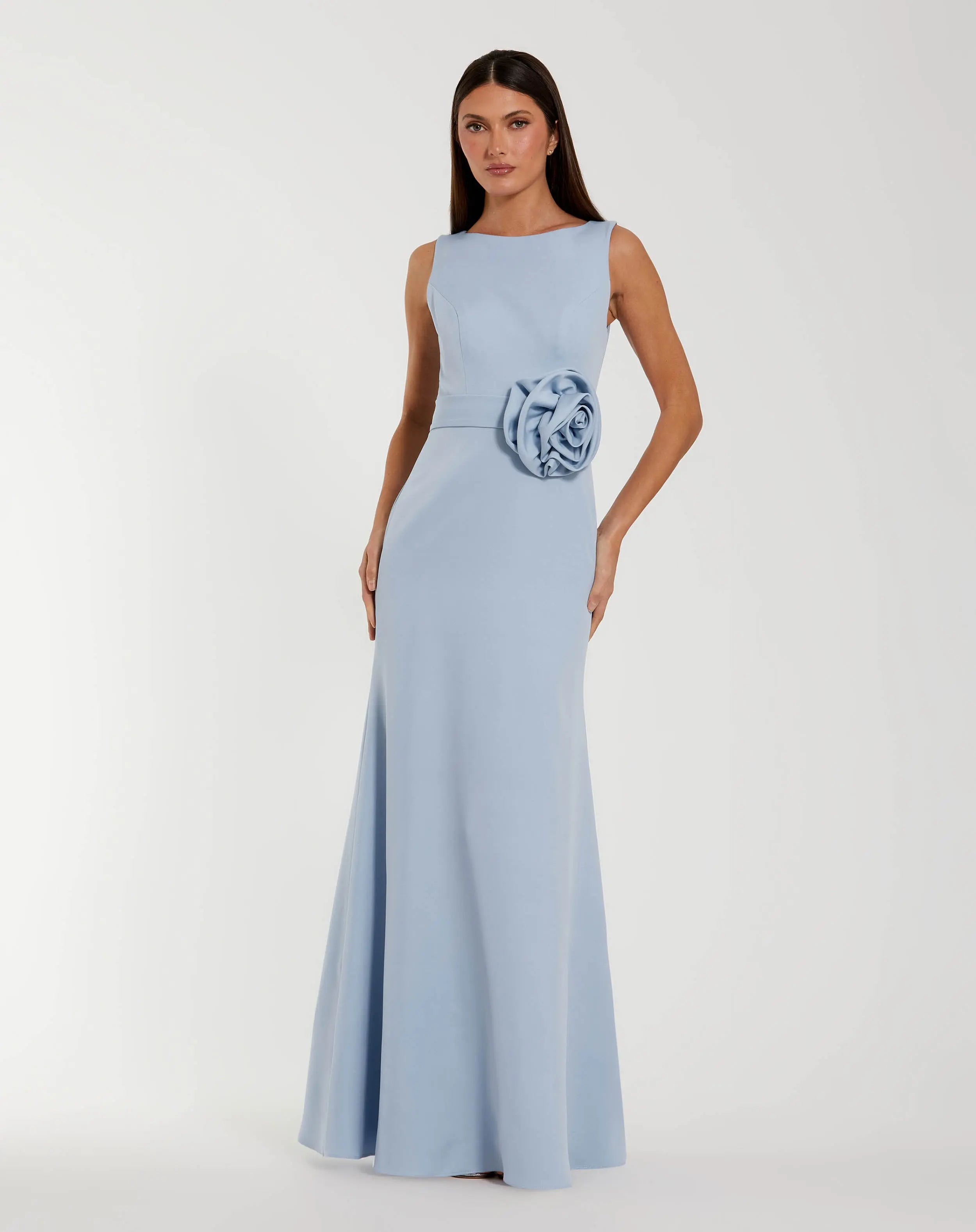 Blue Boat Neck Crepe A Line Gown With Flower | Mac Duggal Blue Boat Neck Crepe A Line Gown With Flower | Mac Duggal