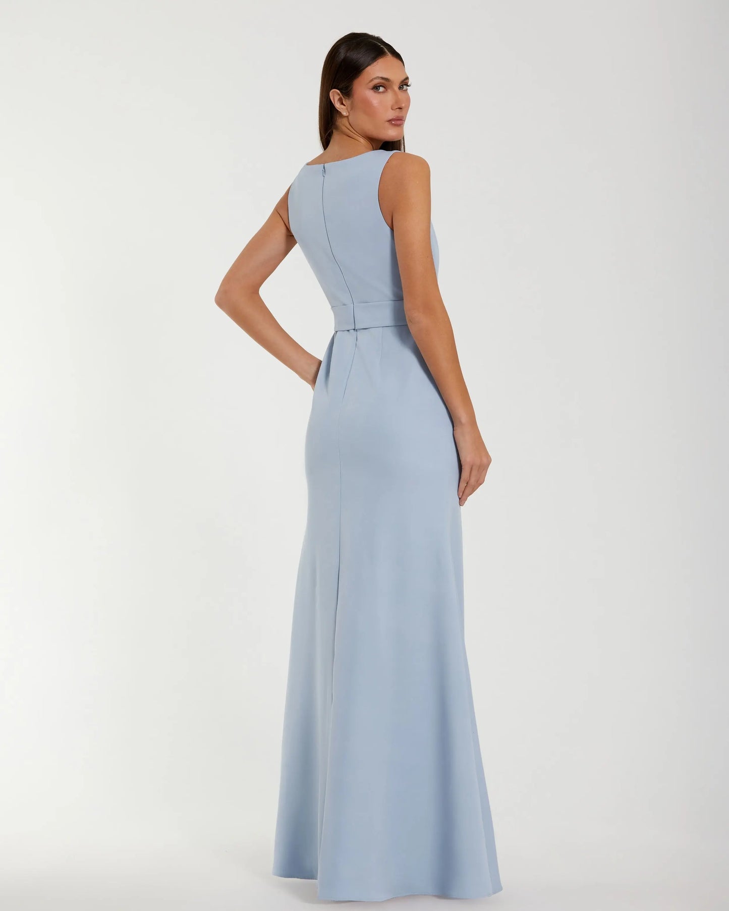 Blue Boat Neck Crepe A Line Gown With Flower Ieena for Mac Duggal