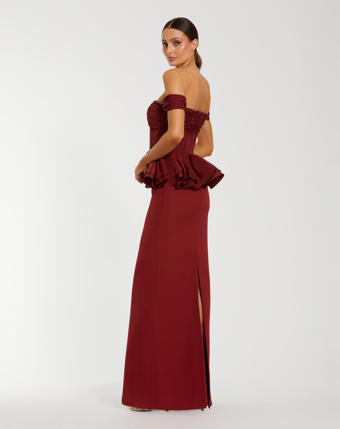 Red Off The Shoulder Peplum Trumpet Gown - Ieena for Mac Duggal