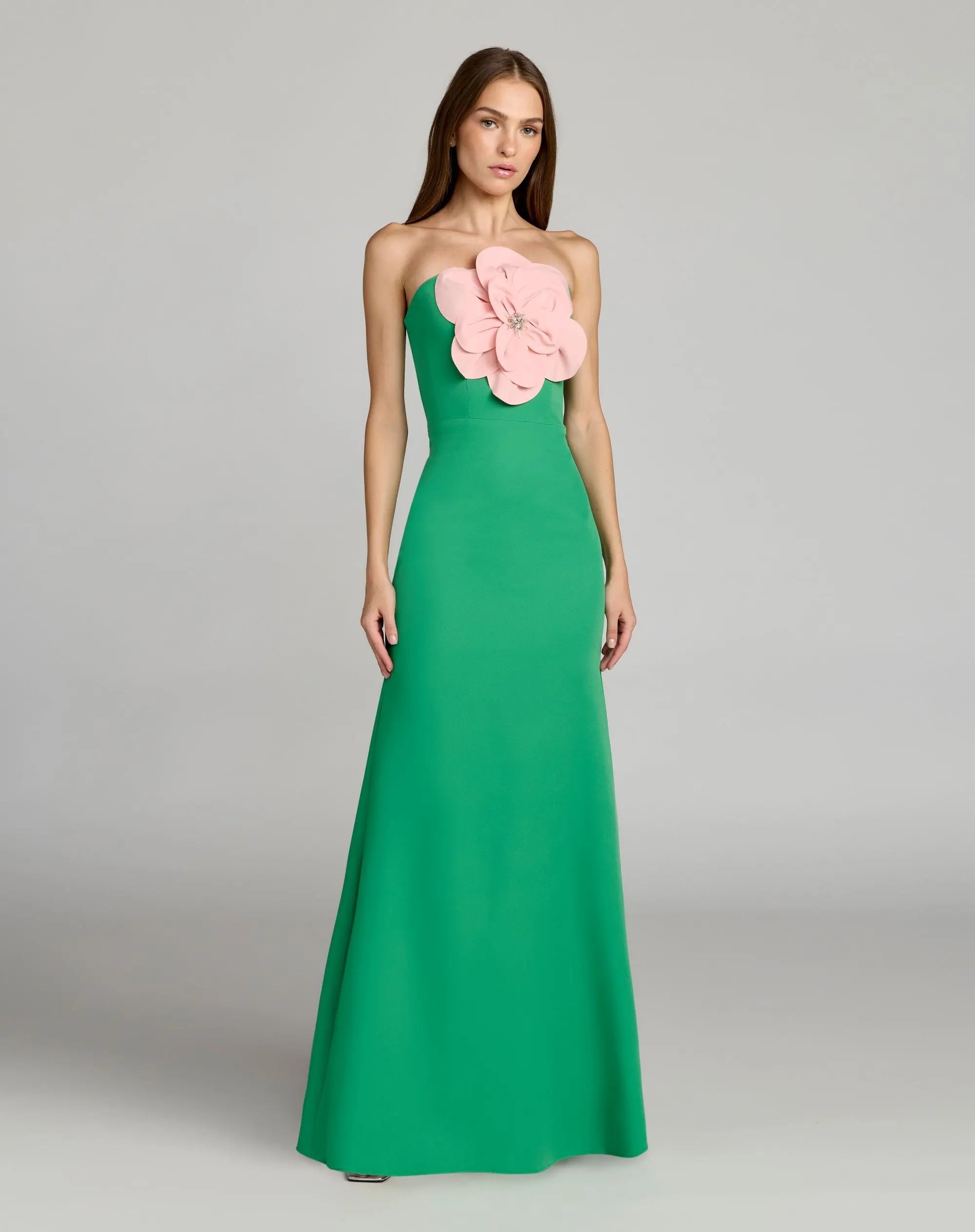 Green Strapless Crepe Gown With 3D Flower | Mac Duggal Green Strapless Crepe Gown With 3D Flower | Mac Duggal