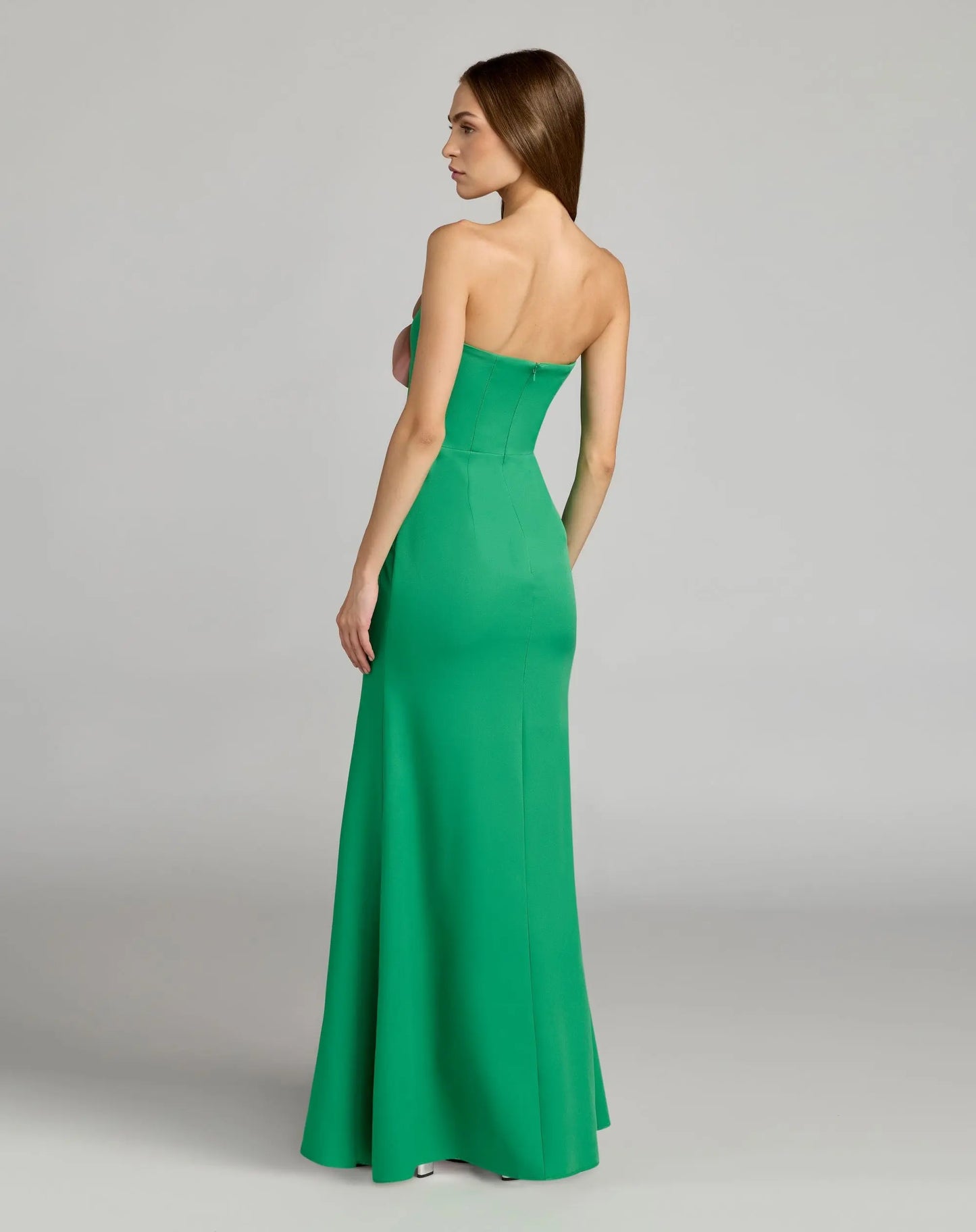Green Strapless Crepe Column Gown With 3D Flower - Ieena for Mac Duggal