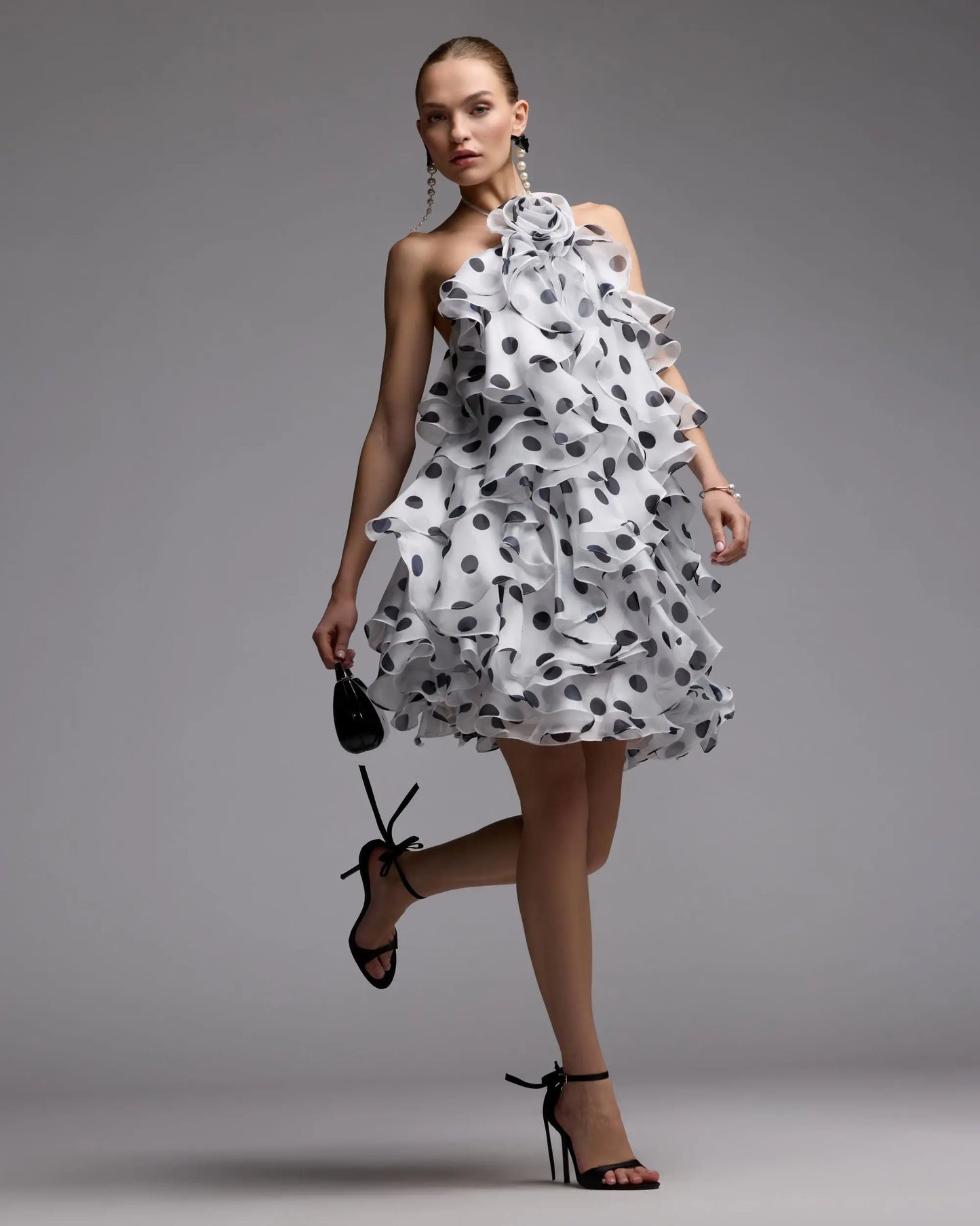 White Polka Dot Halter Neck Ruffle Mini Dress Ieena for Mac Duggal