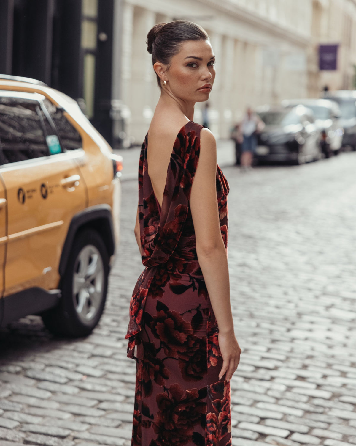 Burgundy Sleeveless Cowl Back Velvet Gown - Ieena for Mac Duggal
