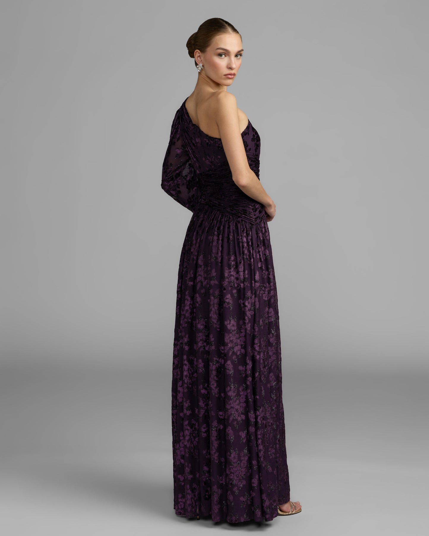 Deep Purple One Shoulder Burnout Velvet Gown Ieena for Mac Duggal