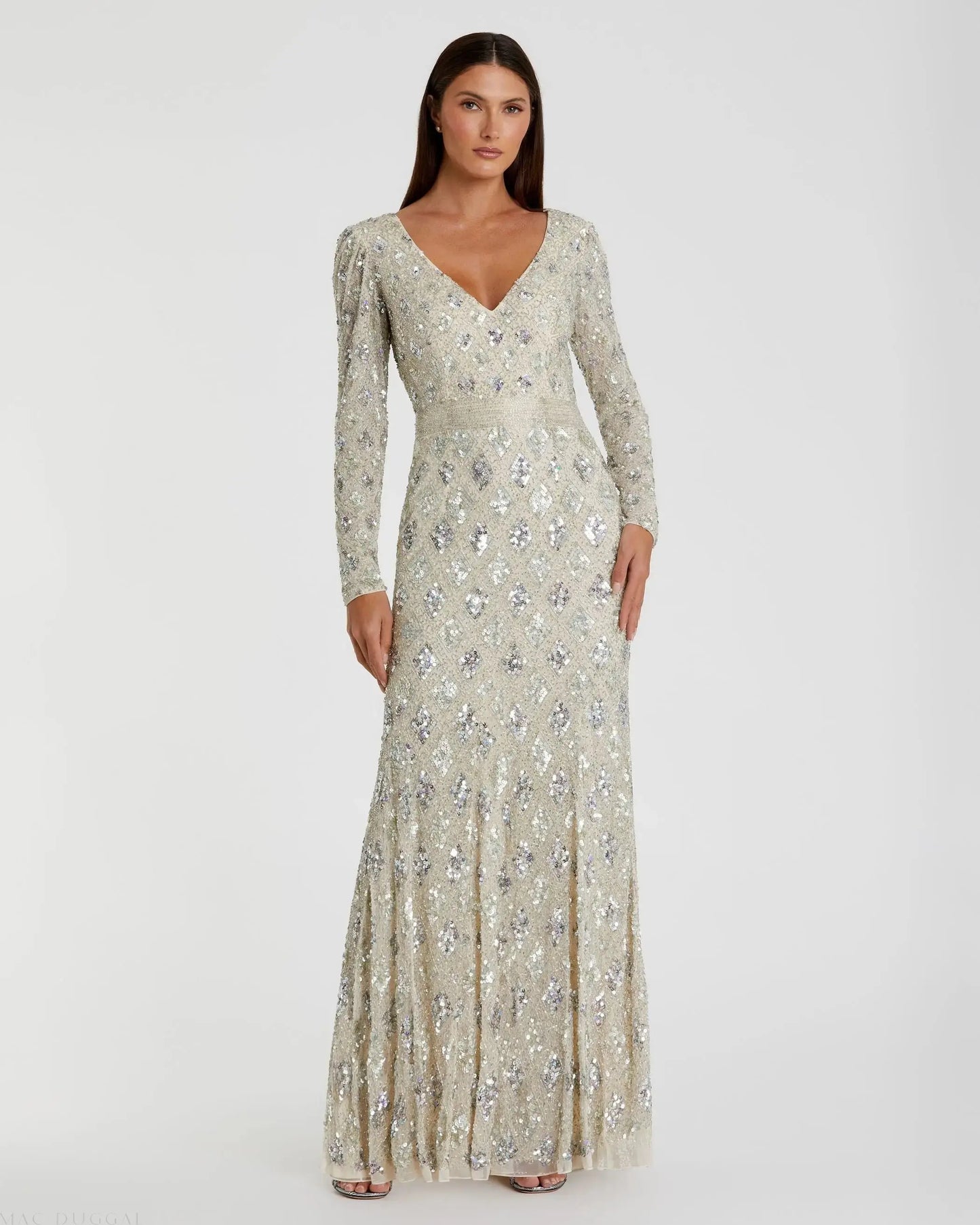 Silver Geometric Embellished Evening Gown - Mac Duggal