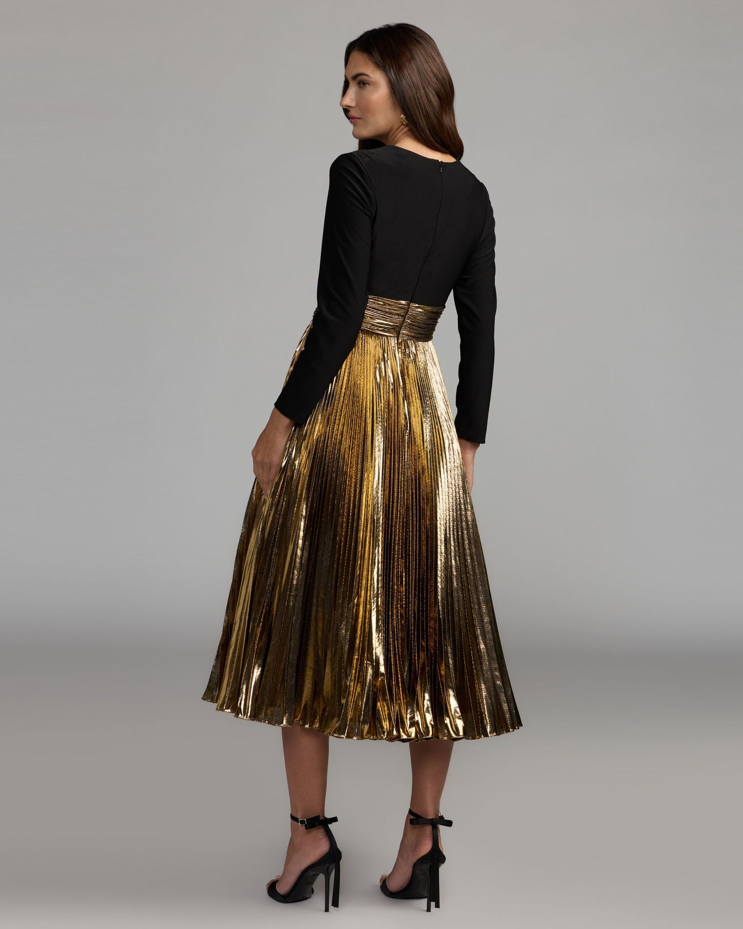 Black Gold Long Sleeve Pleated Midi Dress Ieena for Mac Duggal