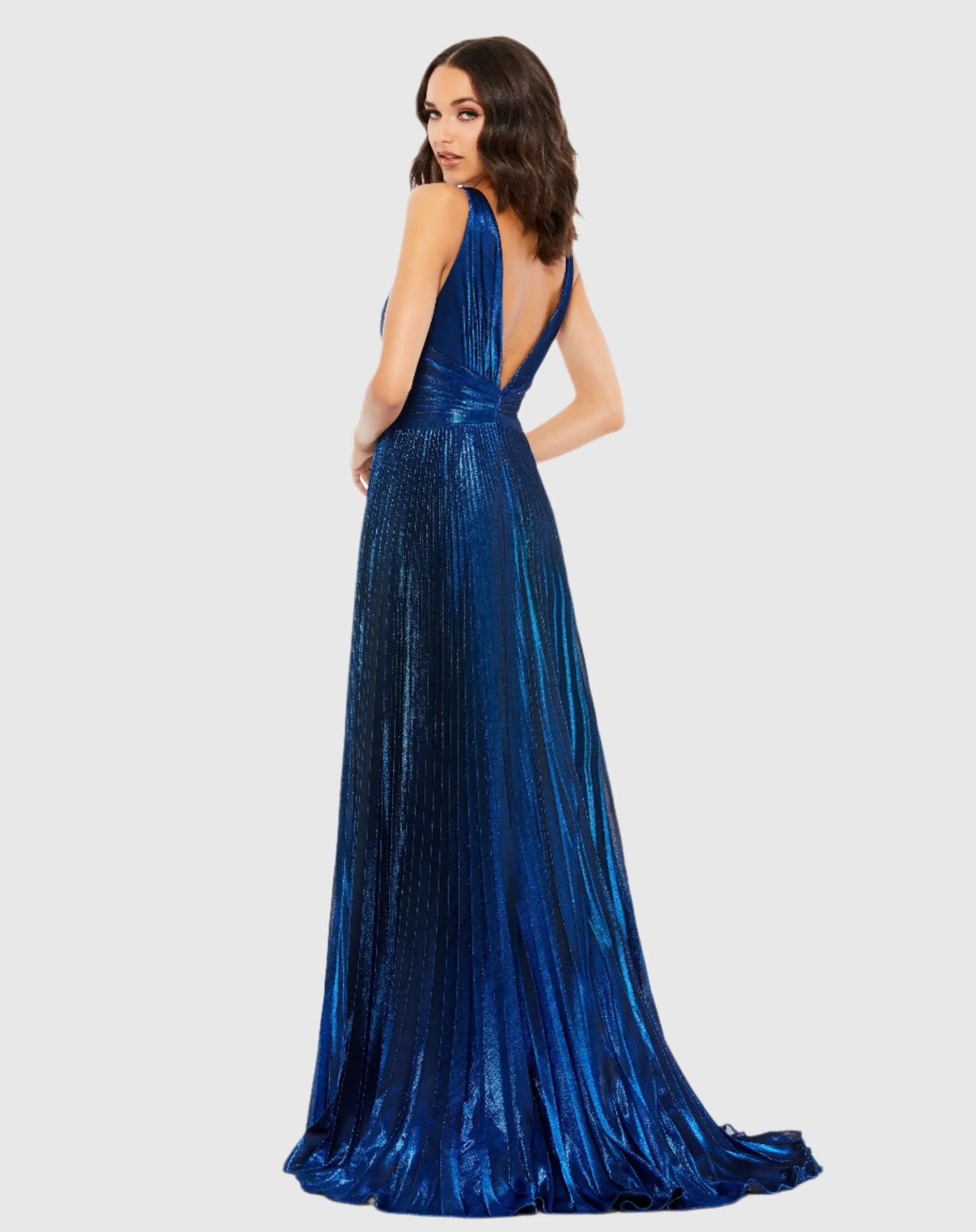 Plunge Neck Pleated Metallic Gown - Mac Duggal