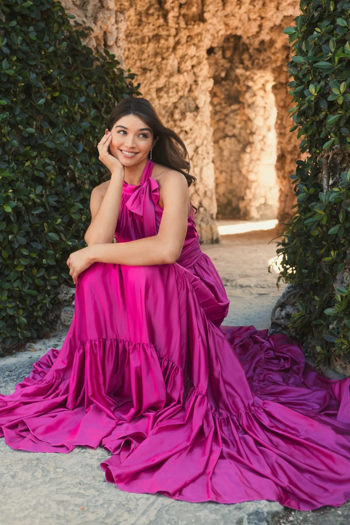 Pink Ruffle Tiered Soft Tie Halter Neck Gown - Mac Duggal