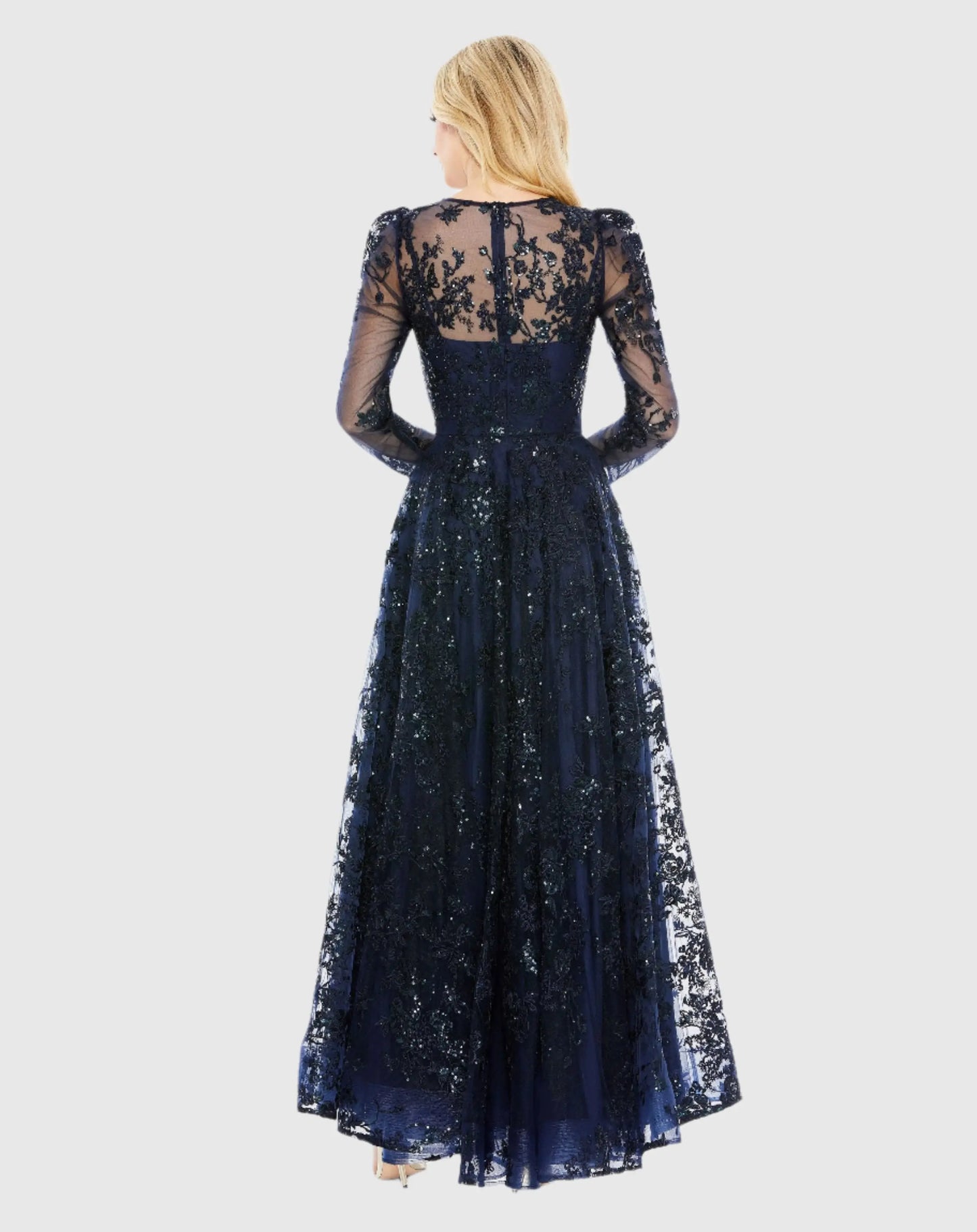 Navy Embroidered Illusion High Neck A Line Dress - Mac Duggal