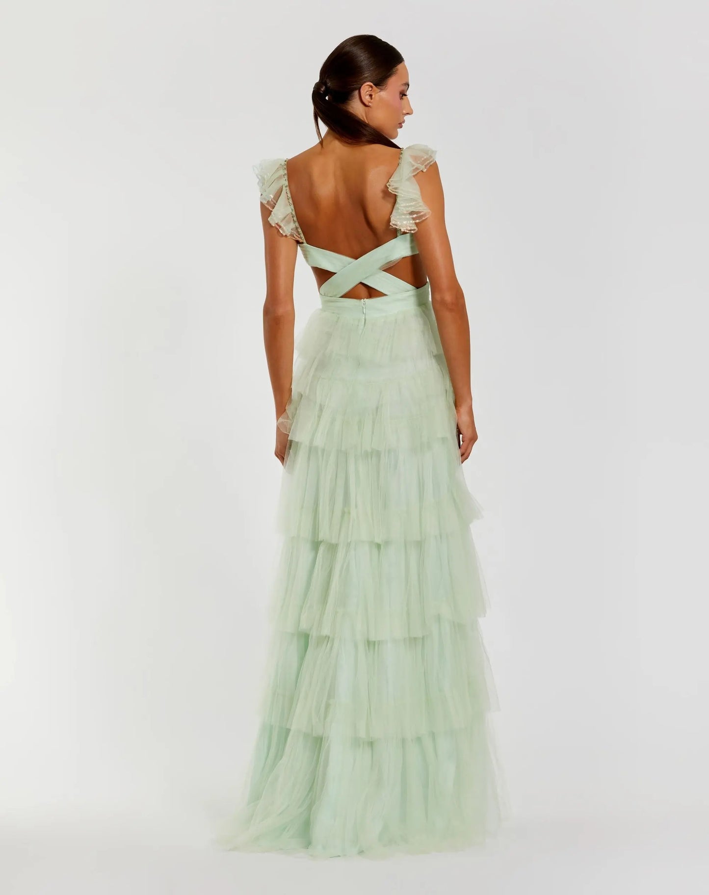 Green Ruffle Tiered Tulle Cut Out Gown - Mac Duggal