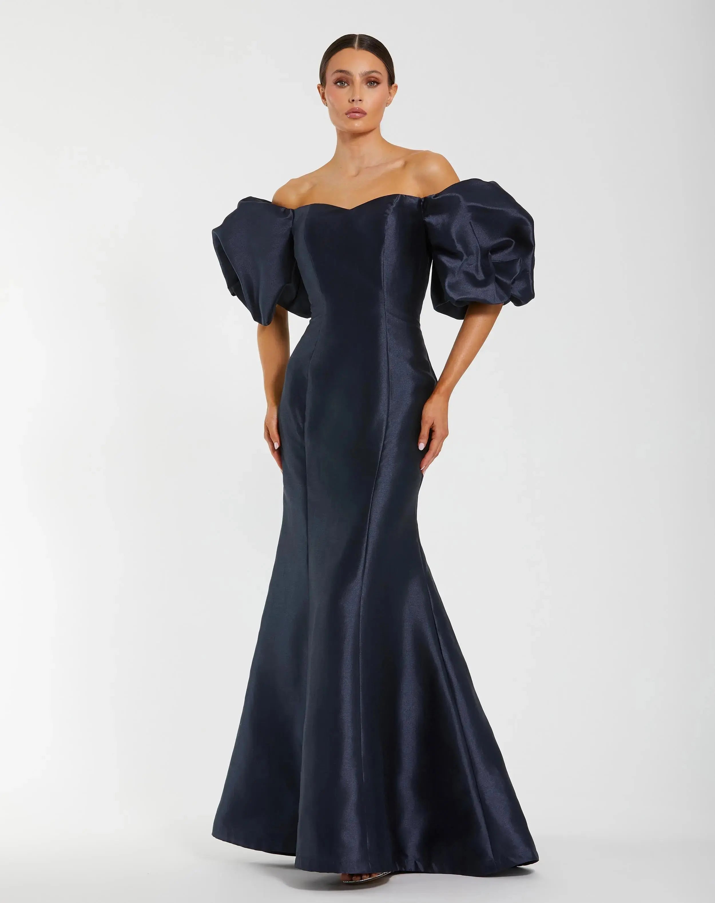 blue dress for baby girl Mac Duggal Women's Sweetheart Off-The-Shoulder Puff-Sleeve Gown - Midnight