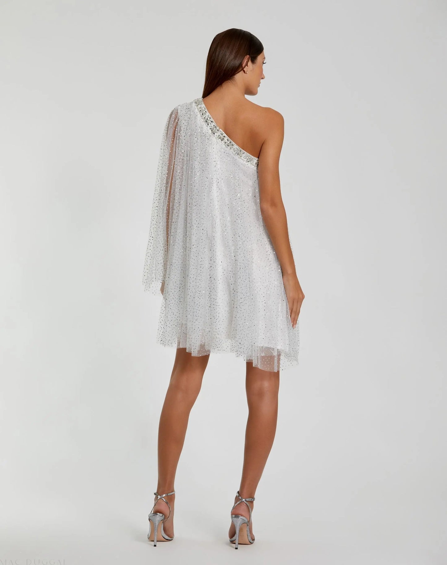 White One Shoulder Embellished Tulle Mini Dress - Mac Duggal