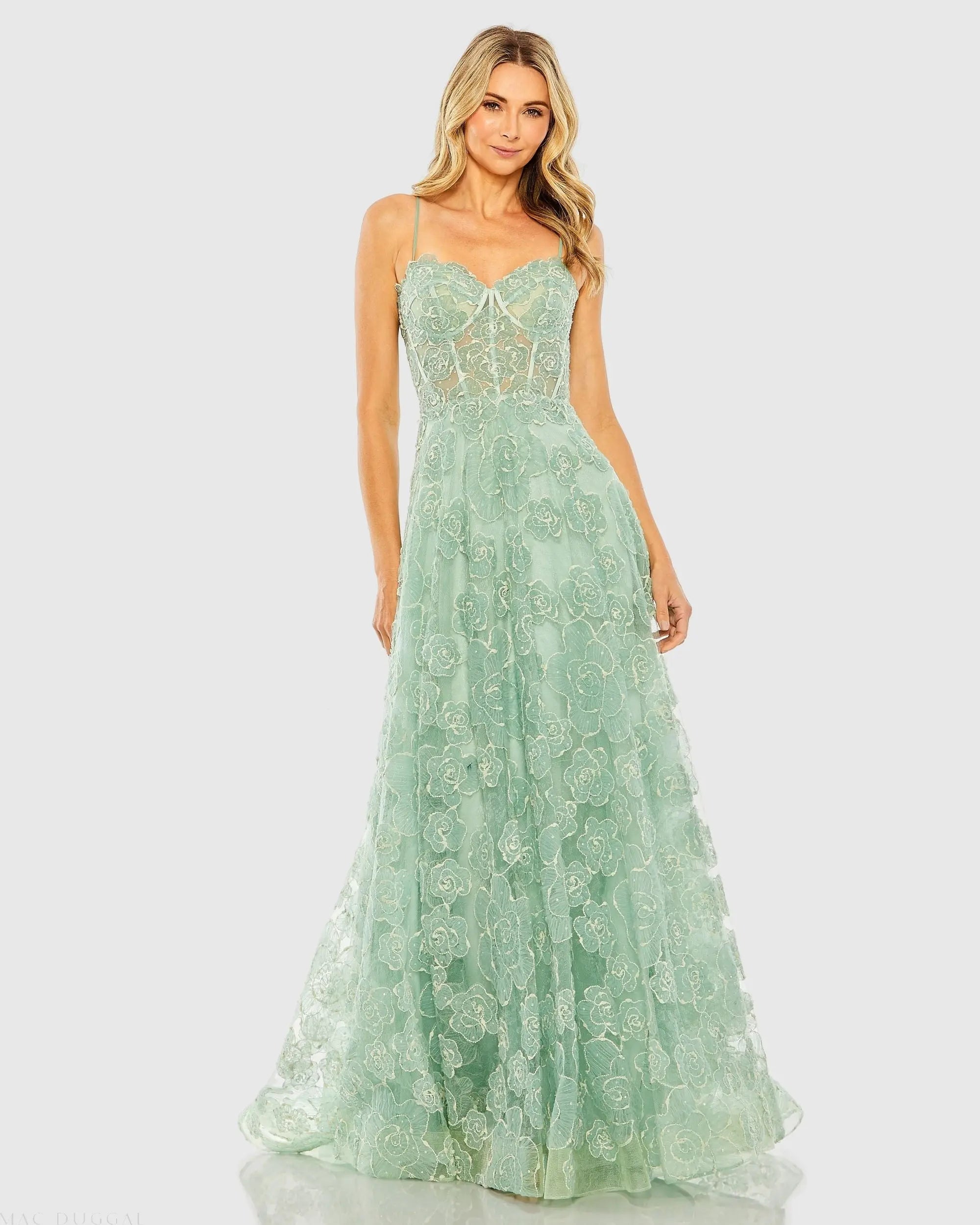 Green Embroidered Sweetheart Neck A-Line Gown | Mac Duggal