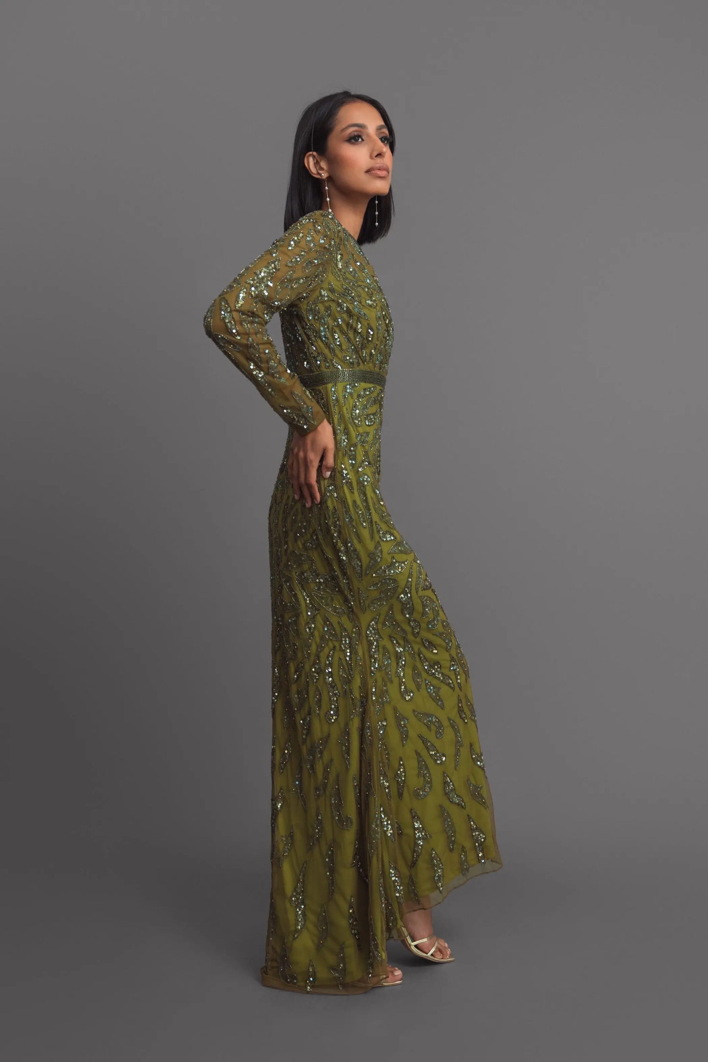 Green Long Sleeve Beaded Evening Gown - Mac Duggal