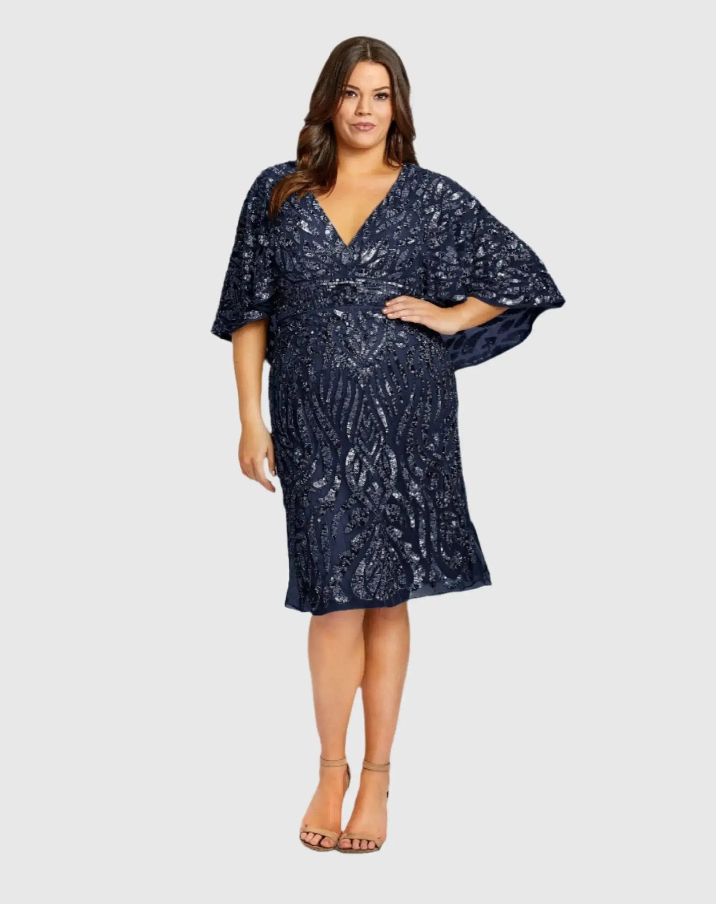 Navy Embellished Cape Sleeve Cocktail Dress (Plus) - Mac Duggal