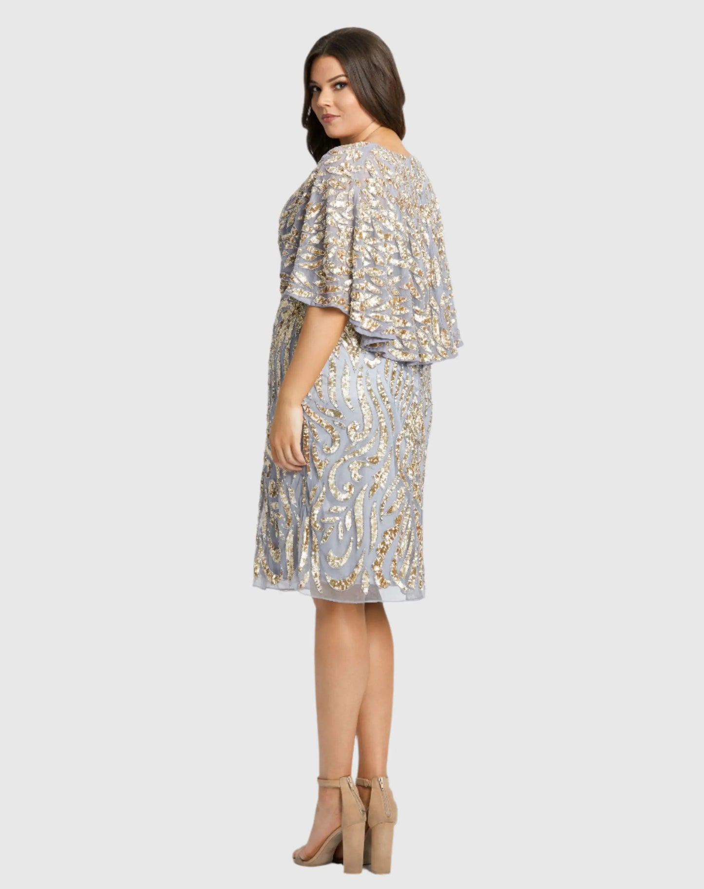 Gray Embellished Cape Sleeve Cocktail Dress (Plus) - Mac Duggal