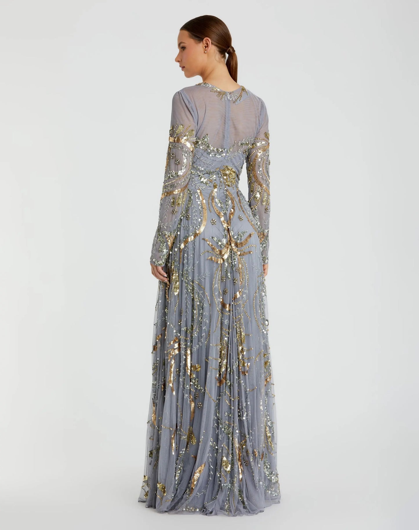 Long Sleeve Embellished Illusion Evening Gown Mac Duggal