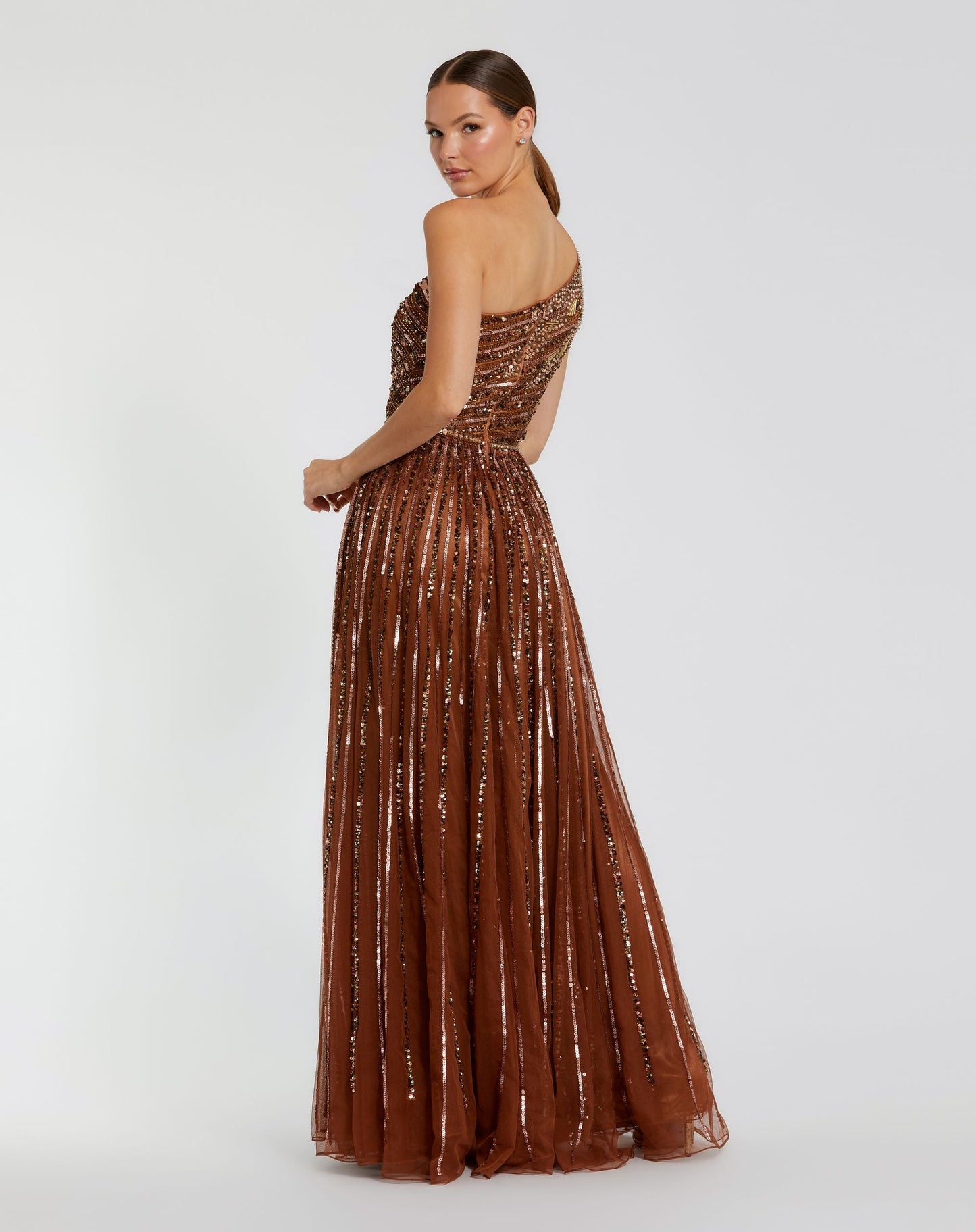 Brown Embellished One Shoulder A-Line Gown - Mac Duggal