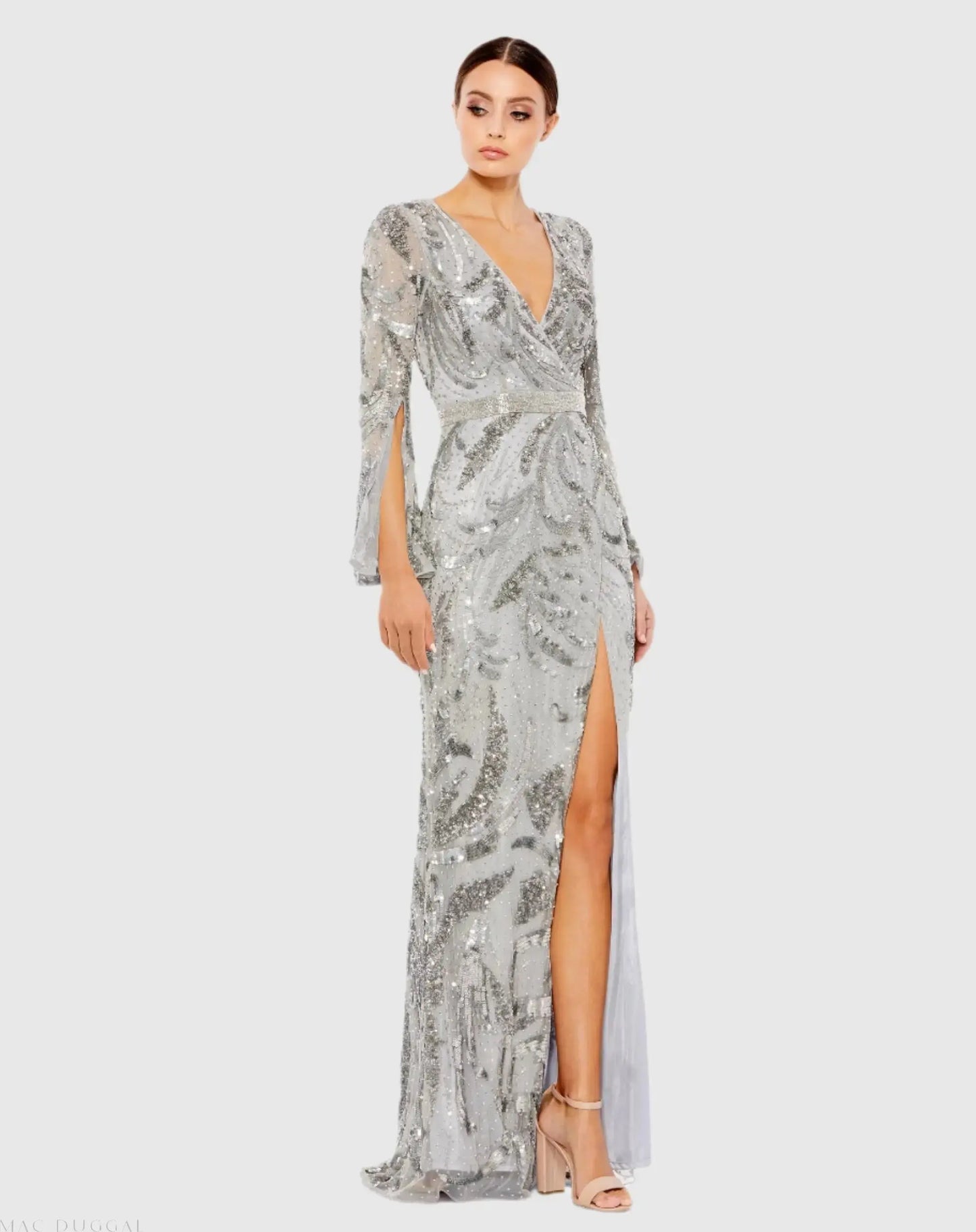 Silver Sequined Faux Wrap Split Long Sleeve Gown - Mac Duggal